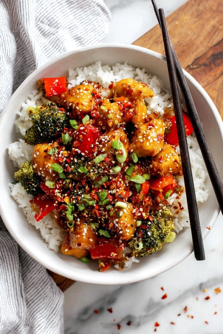 A bowl filled with white rice forms the base layer, fluffy and soft. On top, there is a vibrant mix of small broccoli florets and bright red bell pepper pieces, adding green and red color. Over the vegetables, there are chunks of golden brown chicken coated in a shiny dark sauce, making them look juicy and tasty. The dish is sprinkled with white sesame seeds, red chili flakes, and chopped green onions that add texture and a pop of green. Black chopsticks rest on the edge of the bowl, which sits on a white marbled surface next to a striped white cloth. photo taken with an iphone --ar 2:3 --v 7 - Easy Teriyaki Chicken Bowl, teriyaki chicken bowl, healthy chicken dinner, quick stir-fry recipes, Asian-inspired chicken dishes