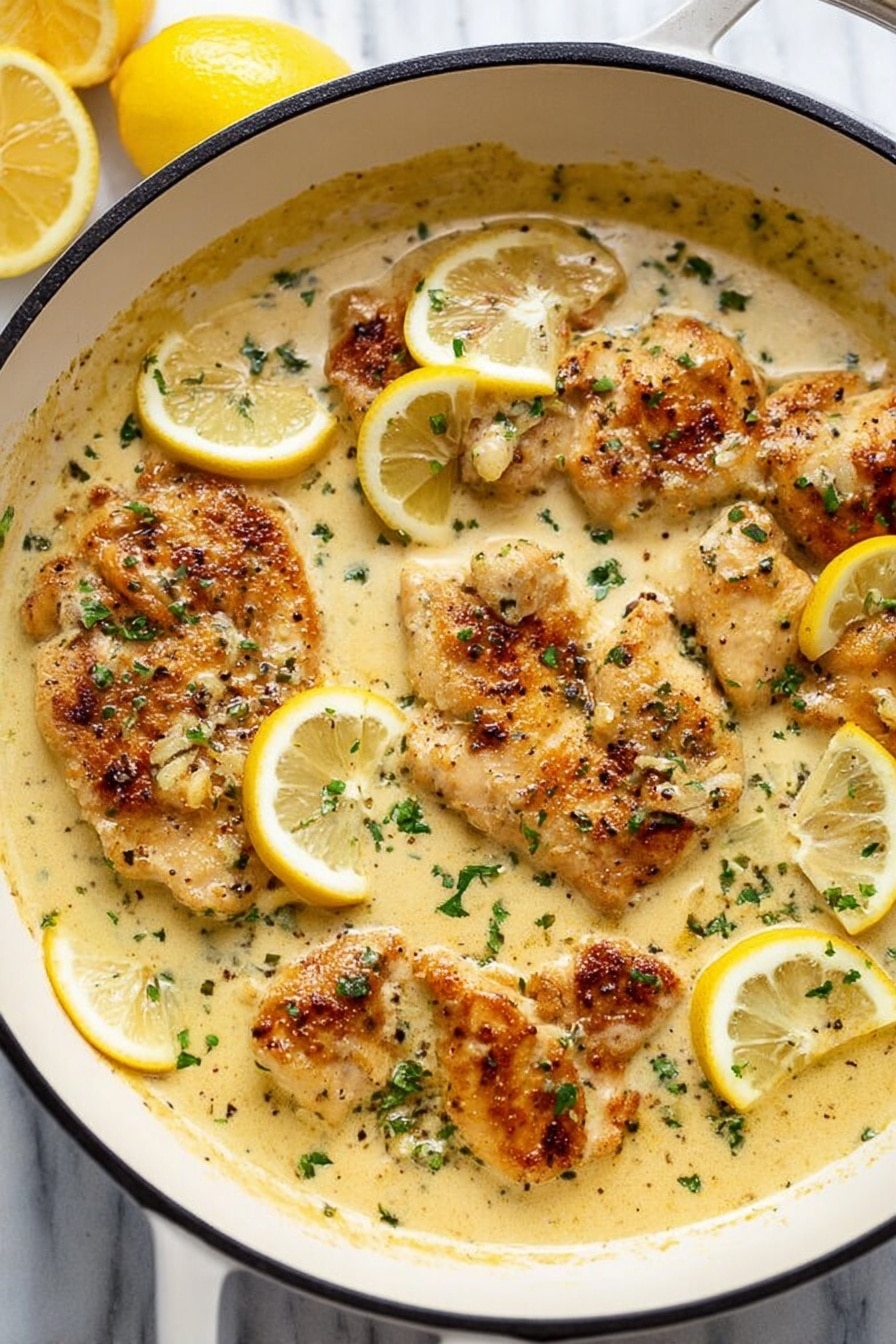 The image shows a white skillet filled with golden brown cooked chicken pieces in a creamy light yellow sauce. The chicken has a slight char on the edges and is partly submerged in the thick sauce, which has a smooth texture and is speckled with small green herb bits. Thin lemon slices are placed on top and around the chicken pieces, adding bright yellow color. The skillet sits on a white marbled surface, and fresh lemon wedges are seen in the background. The overall dish looks rich, creamy, and garnished simply. photo taken with an iphone --ar 2:3 --v 7 - Lemon Pepper Chicken, Lemon Pepper Chicken Ingredients, How to Make Lemon Pepper Chicken, Easy Lemon Pepper Chicken, Lemon Pepper Chicken Dinner