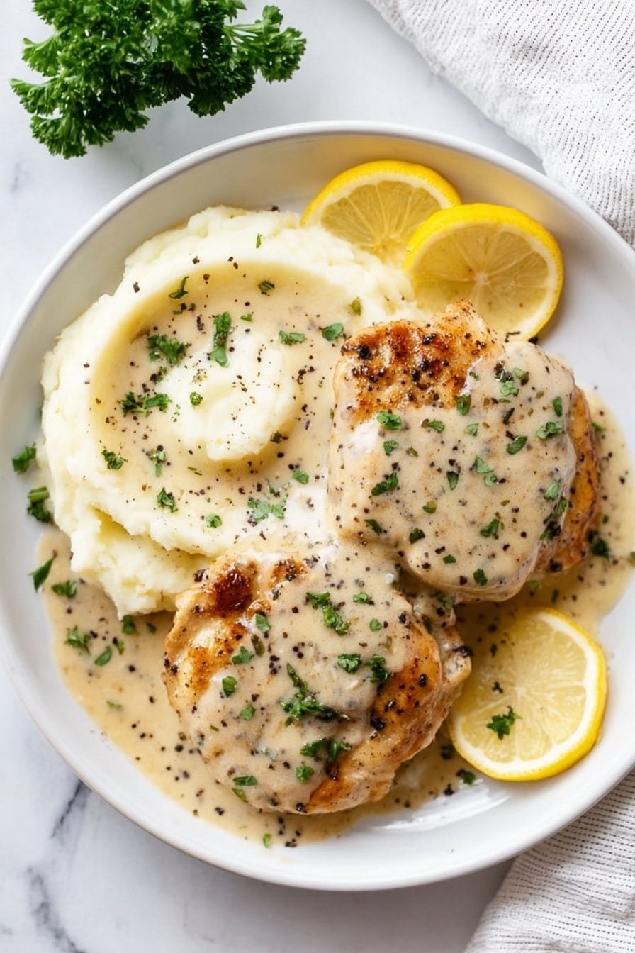 A white round plate on a white marbled surface holds two food sections: on the left is a soft, creamy mound of mashed potatoes with a light beige gravy poured over the top, speckled with black pepper and green herbs; on the right are two golden brown cooked chicken pieces, covered with the same light beige gravy dotted with pepper and herbs; two bright yellow lemon slices, one placed at the top between the food and one at the bottom edge of the plate, add a splash of color; a small bunch of green parsley sits to the plate's upper left; a white cloth napkin is partially visible at top right; photo taken with an iphone --ar 2:3 --v 7 - Lemon Pepper Chicken, Lemon Pepper Chicken Ingredients, How to Make Lemon Pepper Chicken, Easy Lemon Pepper Chicken, Lemon Pepper Chicken Dinner
