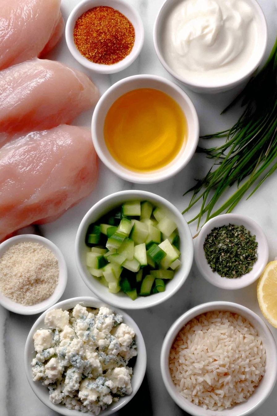 Flat lay of boneless, skinless chicken breasts, a small white bowl of bright orange hot sauce, a small white bowl with melted golden ghee, a small white bowl of paprika powder, a small white bowl of garlic powder, a small white bowl of salt, a small white bowl of thick plain white Greek yogurt, a small white bowl of pale almond milk, fresh sprigs of green dill, a small white bowl of dried chives, a small white bowl of dried parsley, a small white bowl of onion powder, a small white bowl with fresh lemon juice, uncooked brown rice grains, diced fresh cucumber pieces, matchstick-cut fresh orange carrots, diced red onion, a small white bowl with crumbly white blue cheese, chopped green onions, all arranged symmetrically and balanced, placed on a clean white marble surface, soft natural light, photo taken with an iPhone, professional food photography style, fresh ingredients, white ceramic bowls, no bottles, no duplicates, no utensils, no packaging --ar 2:3 --v 7 --p m7354615311229779997 - Buffalo Chicken Rice Bowls, buffalo chicken meal, easy rice bowl recipes, healthy chicken dinner, quick protein-packed meals