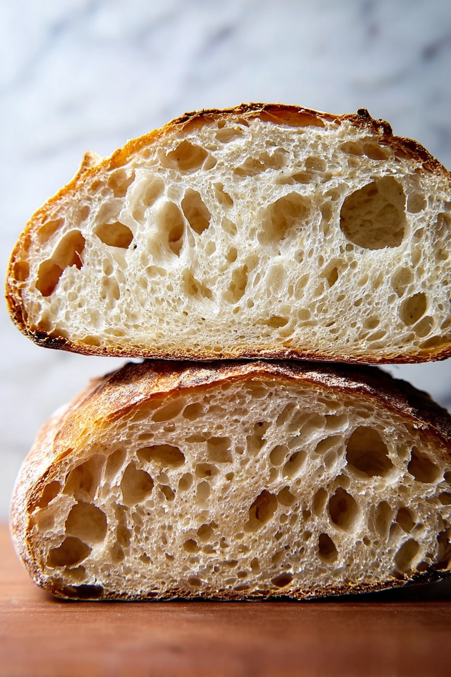A close-up of a rustic loaf of bread cut in half, showing two thick layers of soft, light beige inner bread with large air holes spread unevenly throughout each half. The crust is thin and golden brown, framing the airy texture inside. The bread halves are stacked one on top of the other on a white marbled surface. photo taken with an iphone --ar 2:3 --v 7 - Homemade Sourdough Bread, sourdough bread recipe, crusty sourdough loaf, easy sourdough baking, homemade bread instructions