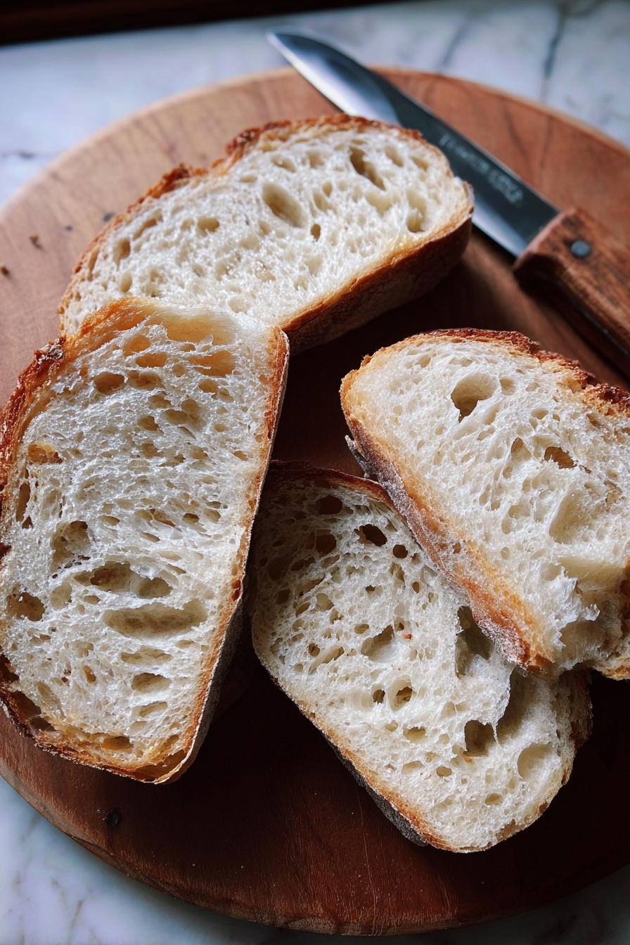 Four pieces of bread slices are placed closely on a round wooden board with the cut side facing up. Each slice shows a light, airy inside with many holes and a slightly golden brown crust around the edges. A knife with a wooden handle lies next to the bread on the board. The background is a white marbled texture. photo taken with an iphone --ar 2:3 --v 7 - Homemade Sourdough Bread, sourdough bread recipe, crusty sourdough loaf, easy sourdough baking, homemade bread instructions