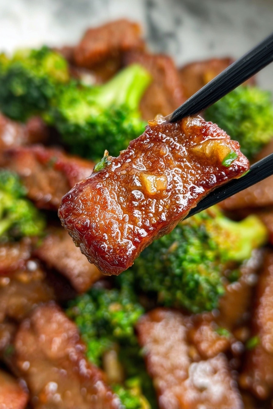 A close-up view of a slice of brown glazed meat held by black chopsticks, showing a shiny sauce with small bits of garlic and onion on its textured surface. In the background, there are more pieces of the same meat mixed with bright green broccoli florets scattered around, all on a white marbled surface. The meat has a rich brown color with some reddish tones, and the broccoli looks fresh and crisp. photo taken with an iphone --ar 2:3 --v 7 - Garlic Beef Stir-Fry with Broccoli, beef stir-fry recipe, garlic beef recipe, broccoli stir-fry, Chinese-style beef stir-fry