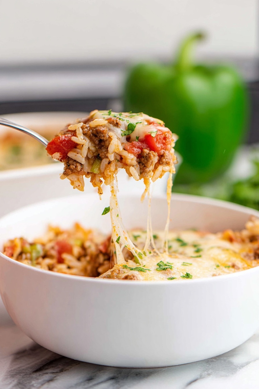 A white bowl filled with a layered casserole showing a mix of ground meat, melted cheese, rice, diced red tomatoes, and chopped parsley. The top layer consists of golden melted cheese with green parsley bits sprinkled. A spoon lifts a serving from the bowl, displaying a mix of light brown cooked meat, soft white rice, red tomato pieces, and stretchy melted cheese strands hanging down. The background features a blurred green bell pepper and a white marbled surface below. photo taken with an iphone --ar 2:3 --v 7 - Stuffed Pepper Skillet, stuffed pepper skillet recipe, easy stuffed pepper dinner, one-pan stuffed peppers, cheesy stuffed pepper skillet