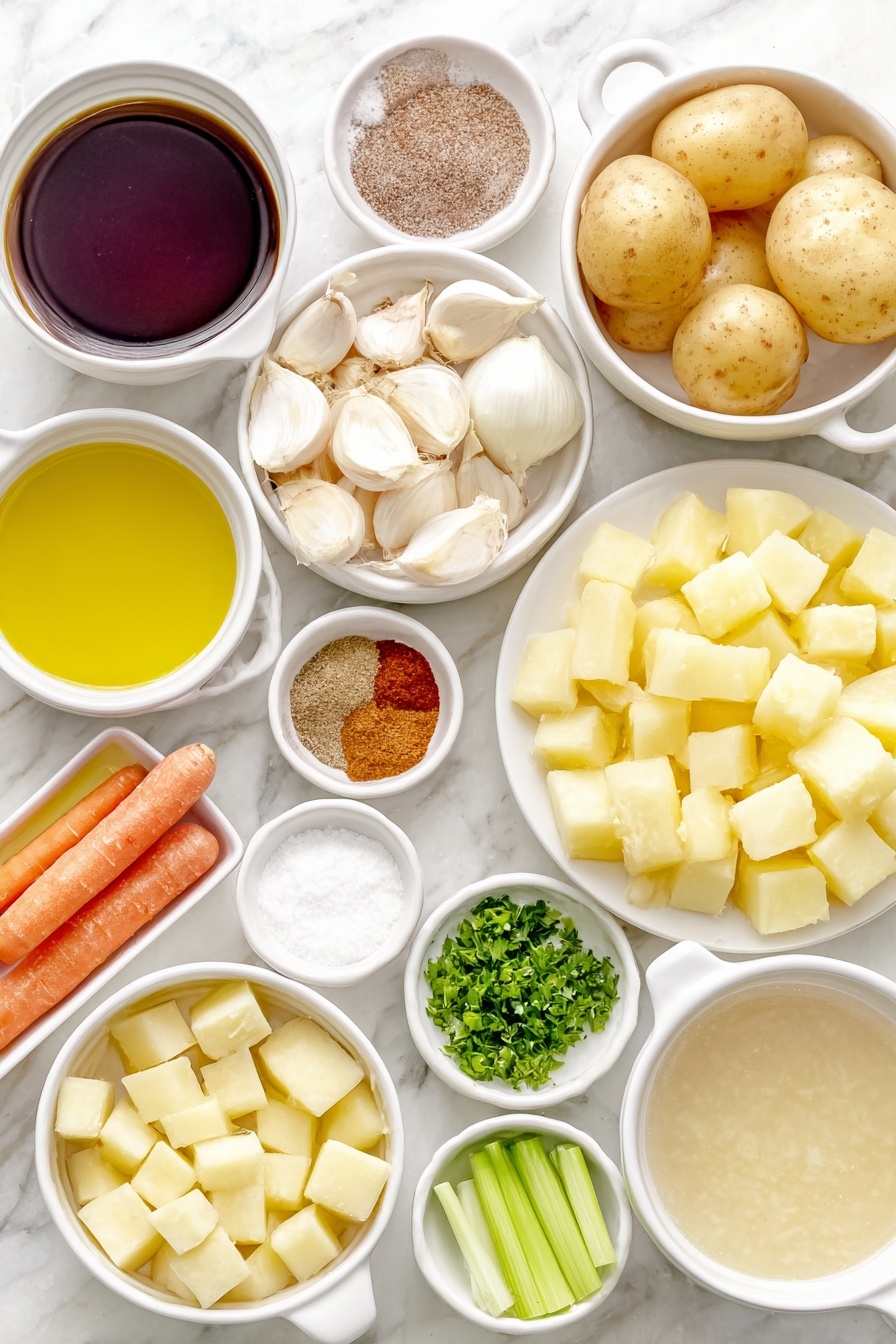 Flat lay of extra virgin olive oil in a small white ceramic bowl, a medium yellow onion chopped on a white ceramic plate, a peeled and chopped carrot arranged neatly on a white ceramic plate, two peeled and chopped celery sticks on a white ceramic plate, two large garlic cloves whole and unpeeled, yellow gold potatoes peeled and cubed on a white ceramic plate, a small white ceramic bowl of kosher salt, a small white ceramic bowl of black pepper, small white ceramic bowls each containing ground cumin, paprika, and turmeric, a small white ceramic bowl filled with vegetable broth, a small white ceramic bowl with milk, a bunch of freshly chopped green parsley laid on a white ceramic plate, and two green onions trimmed and chopped placed on a white ceramic plate placed on a clean white marble surface, soft natural light, photo taken with an iPhone, professional food photography style, fresh ingredients, white ceramic bowls, no bottles, no duplicates, no utensils, no packaging --ar 2:3 --v 7 --p m7354615311229779997 - Healthy Potato Soup, healthy potato soup recipe, nutritious potato soup, comforting healthy soup, easy healthy potato soup