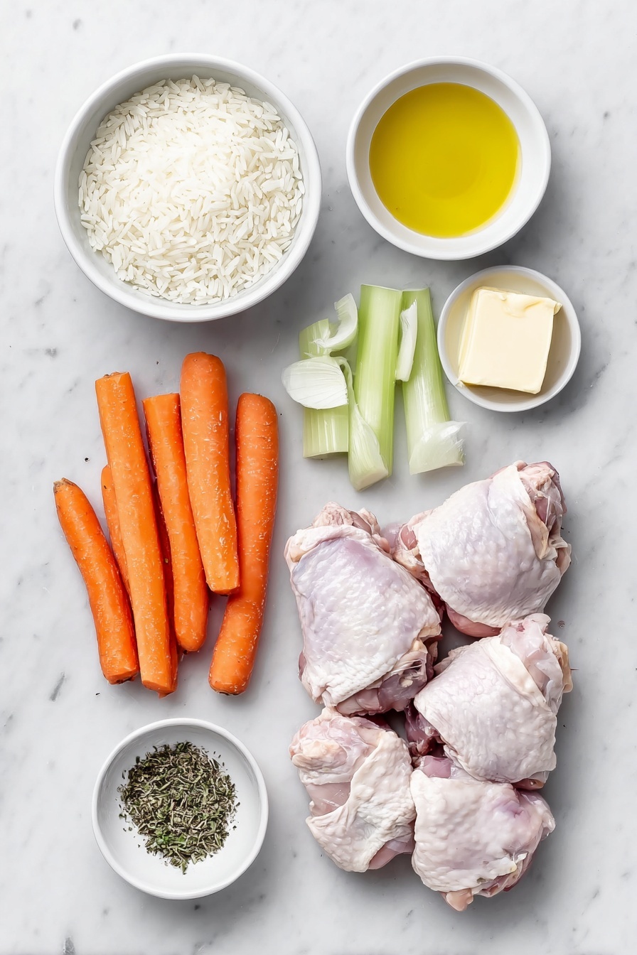 Flat lay of a simple white ceramic bowl of uncooked long grain white rice, a few fresh bright orange carrots sliced into thick rounds, three crisp pale green celery ribs sliced into rounds, one small white onion chopped, two whole brown garlic cloves unpeeled, four raw skinless bone-in chicken thighs with pale pink flesh and white bone, a small white ceramic bowl of golden olive oil, a small white ceramic bowl with a pat of creamy butter, a small white ceramic bowl containing fine black ground pepper, and a small white ceramic bowl of dried mixed herbs including parsley and thyme, all ingredients arranged symmetrically and naturally on a clean white marble surface, soft natural light, photo taken with an iPhone, professional food photography style, fresh ingredients, white ceramic bowls, no bottles, no duplicates, no utensils, no packaging --ar 2:3 --v 7 --p m7354615311229779997 - Chicken and Rice Soup, comforting chicken and rice soup, easy chicken rice soup recipe, homemade chicken and rice soup, quick chicken soup with rice