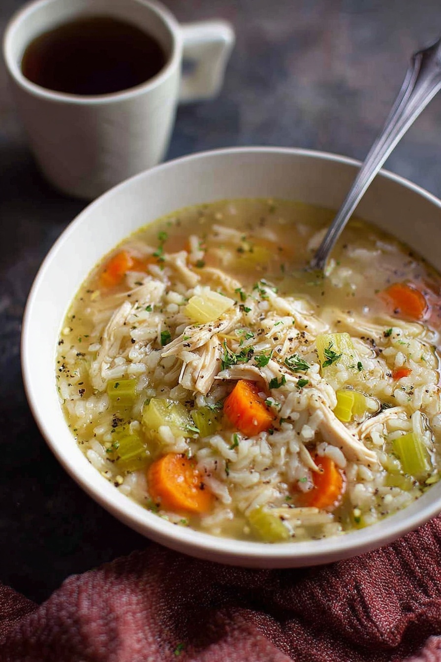 A white bowl filled with chicken rice soup sits on a dark surface covered partially by a reddish-brown textured cloth. The soup has clear broth with visible pieces of shredded chicken, bright orange carrot slices, light green celery chunks, and cooked white rice sprinkled with herbs and black pepper. A silver spoon stands inside the bowl, and behind it is a small white cup filled with dark liquid. The background shows a soft, out-of-focus texture. Photo taken with an iphone --ar 2:3 --v 7 - Chicken and Rice Soup, comforting chicken and rice soup, easy chicken rice soup recipe, homemade chicken and rice soup, quick chicken soup with rice