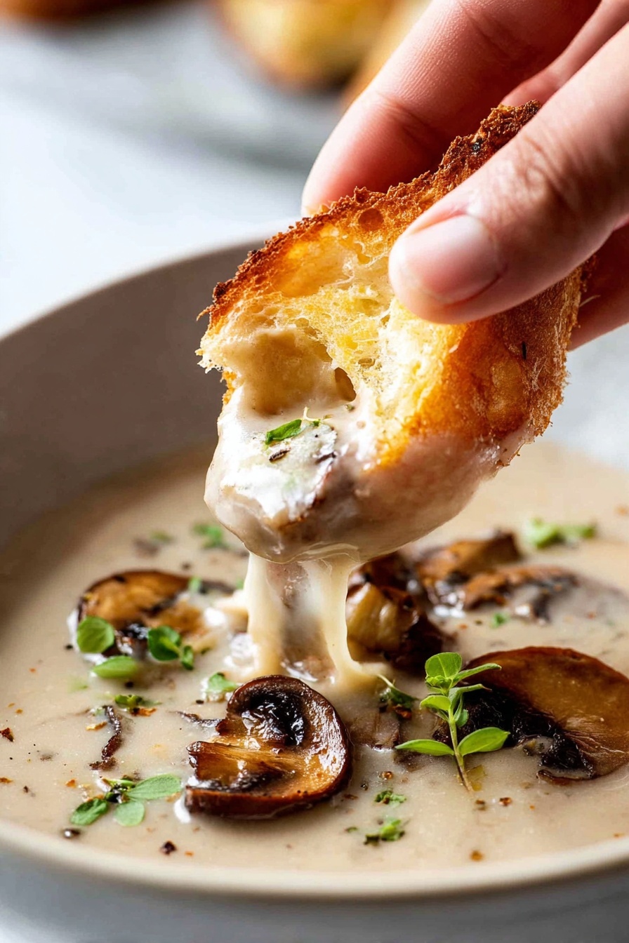 A woman's hand is dipping a torn piece of golden brown toasted bread with a soft, fluffy inside into a creamy, light beige mushroom soup. The soup has a smooth texture with visible thin slices of cooked brown mushrooms and small green herb leaves floating on top. The creamy mushroom liquid looks rich and thick, clinging to the bread. The dish is served in a white bowl placed on a white marbled surface, with soft natural light highlighting the details. Photo taken with an iphone --ar 2:3 --v 7 - Creamy Mushroom Soup, mushroom soup recipe, hearty mushroom soup, easy mushroom soup, cozy mushroom soup