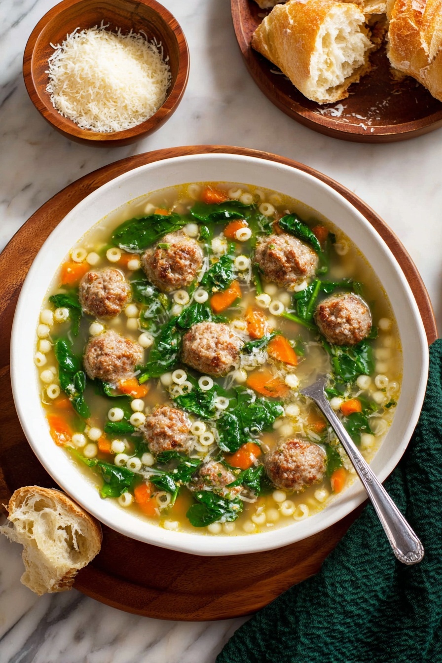 A white bowl filled with clear broth soup showing several small brown meatballs scattered across the surface; bright green spinach leaves floating visibly among small orange carrot cubes and tiny pale round pearl-like pasta, all sitting in a light golden broth. The bowl is placed on a wooden board over a white marbled surface, with a silver spoon resting on the right side inside the bowl. Nearby there are pieces of torn golden bread and a small wooden bowl full of grated white cheese, next to a dark green cloth. Photo taken with an iphone --ar 2:3 --v 7 - Italian Wedding Soup with Mini Meatballs, authentic Italian wedding soup, homemade Italian wedding soup, hearty meatball soup, traditional Italian wedding soup