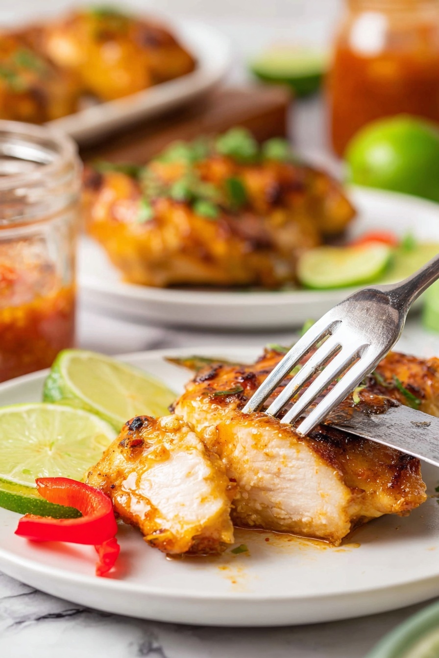 A close-up of a piece of golden-brown cooked chicken with a slightly crispy texture being sliced by a knife and held by a fork, on a white plate with a few slices of fresh green lime and a red bell pepper piece as garnish. Behind the main piece, there is a larger chicken piece topped with green herbs, also on the white plate. The background shows more cooked chicken pieces on a white plate and a glass jar with a reddish sauce, all set on a white marbled surface. The colors are warm and vibrant with an inviting, fresh look. Photo taken with an iphone --ar 2:3 --v 7 - Honey Lime Chicken Skillet, Honey Lime Chicken, quick chicken dinner, easy chicken skillet recipe, flavorful chicken thighs