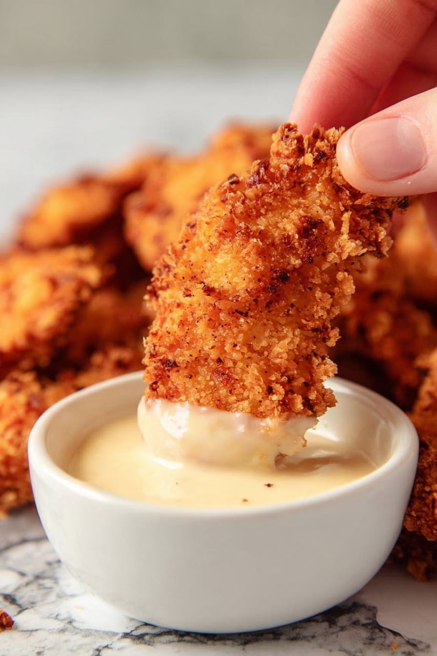 A close-up view of a crispy, golden brown fried chicken strip that a woman's hand is dipping into a small, white bowl filled with creamy, light-colored sauce. The chicken strip has a rough and crunchy texture with uneven, crispy edges. The bowl sits on a surface with a white marbled texture, and blurred pieces of similar fried chicken are visible in the soft background, adding depth to the image. Photo taken with an iphone --ar 2:3 --v 7 - Crispy Baked Chicken Tenders, crunchy chicken tenders, baked chicken fingers, easy chicken tender recipe, healthy chicken tenders