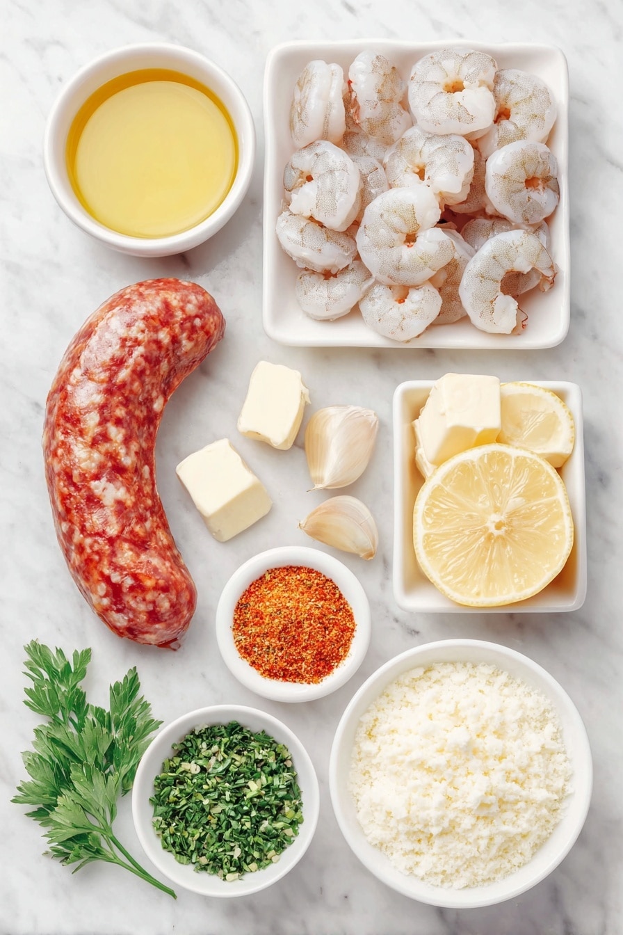 Flat lay of a small pat of golden butter, a small white ceramic bowl of clear olive oil, half a bright red bell pepper diced into small cubes, a curved link of glossy andouille sausage with a reddish-brown casing, two whole cloves of garlic with pale papery skin, several raw shrimp peeled and deveined with a light pink-gray color and translucent texture, a whole fresh lemon with bright yellow skin alongside a small white bowl holding fresh lemon juice and lemon zest, a small white bowl containing vibrant orange-red Cajun seasoning powder, a small white bowl filled with creamy white milk, a small pile of smooth uncooked old fashioned grits with a pale ivory color, a small white bowl of grated parmesan cheese with a slightly crumbly texture, a few sprigs of fresh green parsley and chives for garnish all arranged with perfect symmetry on a clean white marble surface, soft natural light, photo taken with an iPhone, professional food photography style, fresh ingredients, white ceramic bowls, no bottles, no duplicates, no utensils, no packaging --ar 2:3 --v 7 --p m7354615311229779997 - Spicy Cajun Shrimp and Grits, Cajun Shrimp and Grits, Cajun shrimp recipes, shrimp and grits spicy, Cajun comfort food