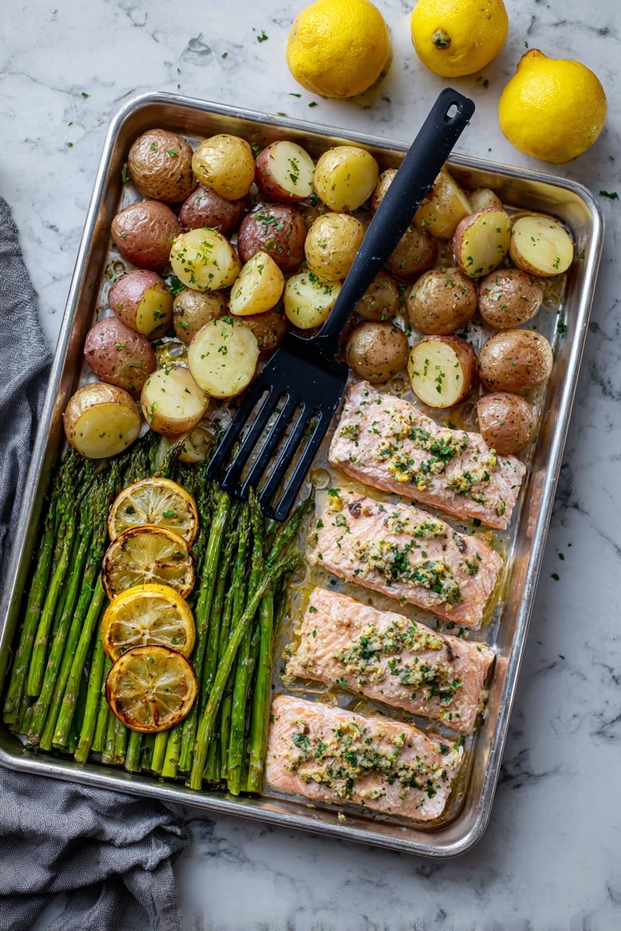 A silver baking tray holds a meal with three layers of food: on the top left, there are many halved baby potatoes with light brown skin and pale yellow insides, sprinkled with bits of green herbs; below the potatoes to the bottom left, there is a bed of green asparagus spears, some topped with slices of roasted lemon showing a bright yellow color and caramelized edges; to the right, there are four pieces of cooked pink salmon fillets, each covered with a light topping of chopped herbs and garlic, with a black spatula resting in the middle of the tray. The tray is set on a white marbled surface with two whole lemons and a gray cloth napkin nearby. Photo taken with an iphone --ar 2:3 --v 7 - Lemon Garlic Salmon with Roasted Asparagus, healthy baked salmon, easy seafood dinner, one-pan salmon and asparagus, quick weeknight salmon recipe