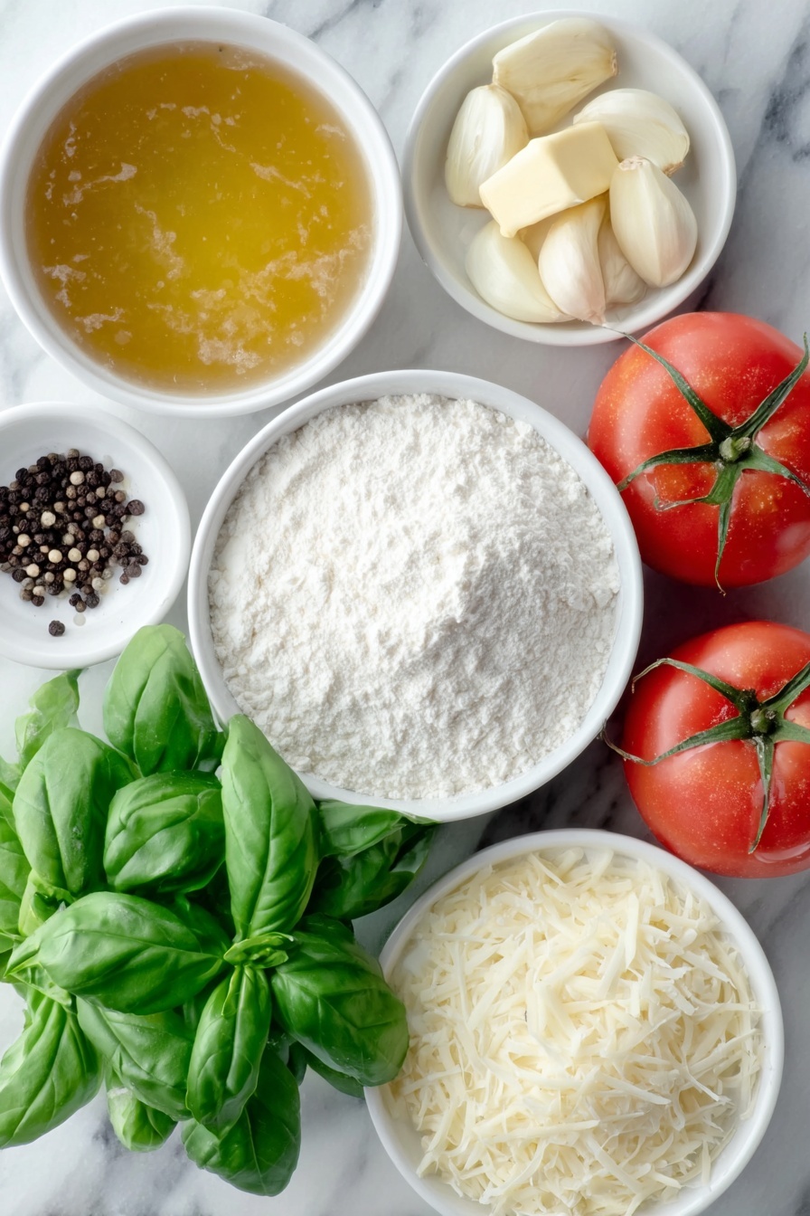 Flat lay of a few tablespoons of golden butter, one medium chopped onion, three peeled garlic cloves, a small white bowl of pale tapioca flour, a small white bowl of clear chicken stock, two whole plump San Marzano tomatoes with stems, a small pile of fresh bright green basil leaves, a small white bowl filled with grated creamy parmesan cheese, a small white bowl of thick heavy cream, scattered coarse kosher salt crystals, and freshly ground black peppercorns, all arranged with perfect symmetry on a clean white marble surface, soft natural light, photo taken with an iPhone, professional food photography style, fresh ingredients, white ceramic bowls, no bottles, no duplicates, no utensils, no packaging --ar 2:3 --v 7 --p m7354615311229779997 - Creamy Tomato Basil Soup with Parmesan, tomato basil soup, creamy tomato soup, Parmesan basil soup, easy tomato soup