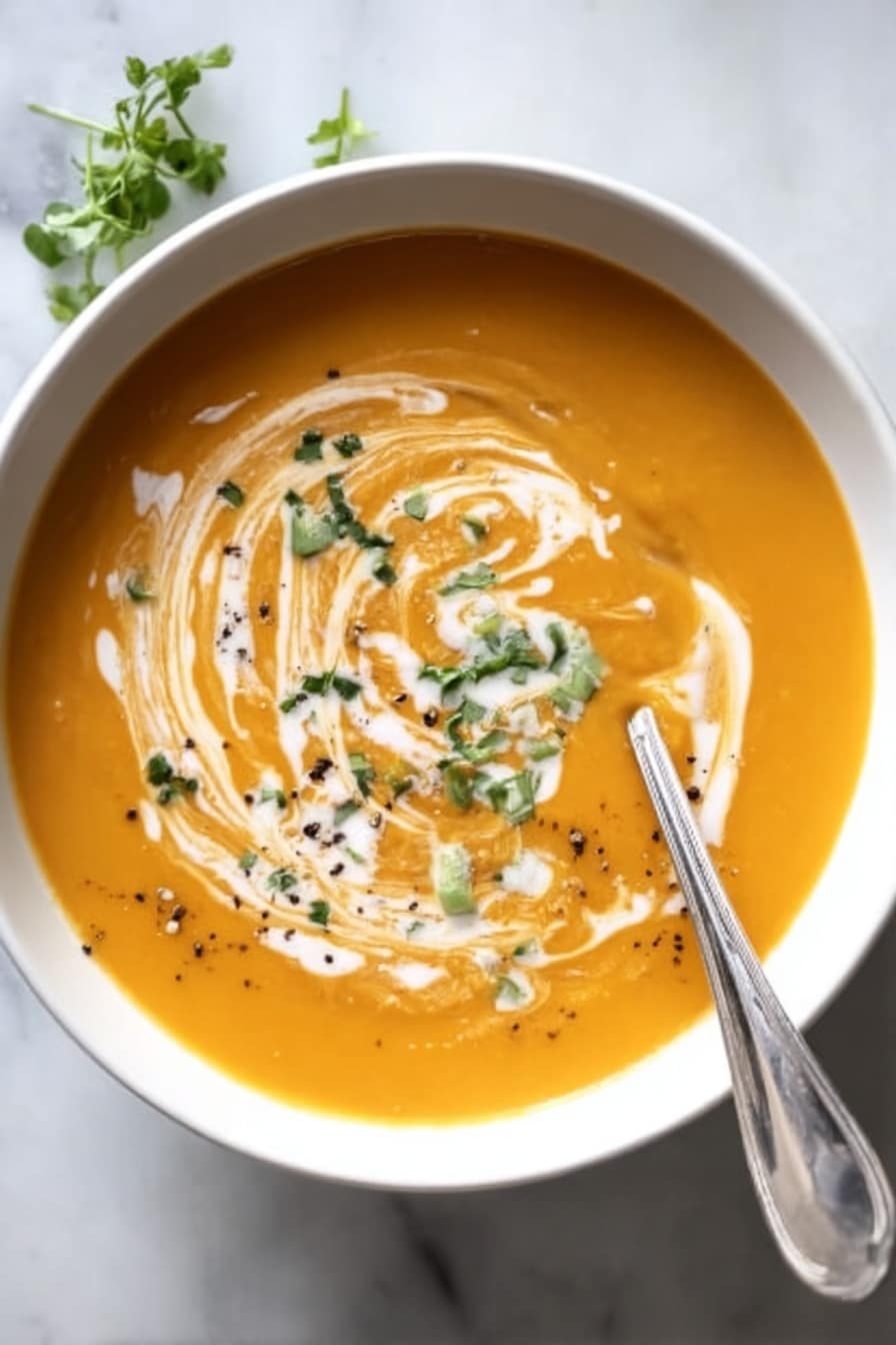 A white bowl filled with smooth orange soup sits on a white marbled surface. The soup has a swirl of white cream on top, mixed into the surface in a decorative way. Small green herb pieces and black pepper flakes are sprinkled on the soup, adding color and texture. A spoon rests in the soup on the right side of the bowl. photo taken with an iphone --ar 2:3 --v 7 - Ginger Sweet Potato Soup, healthy sweet potato soup, cozy ginger soup, vegan sweet potato soup, comforting ginger soup