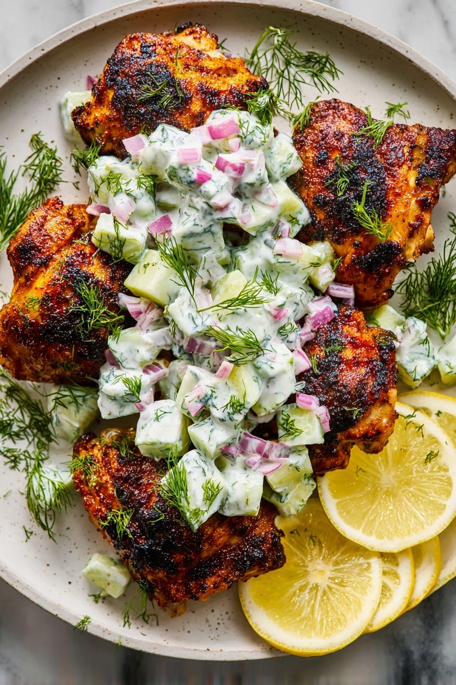 The image shows a light gray round plate on a white marbled surface, holding four pieces of golden brown grilled patties with slightly charred edges. Each patty is topped with a creamy pale green cucumber and herb sauce with small chunks and fresh dill sprigs scattered on and around the patties. To the left of the patties, three thin, bright yellow lemon slices are placed, showing their juicy texture. A metal spatula with a worn surface and long handle rests partly on the plate, lifting one patty slightly. The overall colors are warm browns, pale greens, and bright yellow against the soft gray plate and white marble background photo taken with an iphone --ar 2:3 --v 7 - Spicy Mediterranean Chicken with Creamy Cucumber Salad, Mediterranean chicken recipes, spicy chicken dinner ideas, easy Mediterranean chicken, refreshing cucumber salads