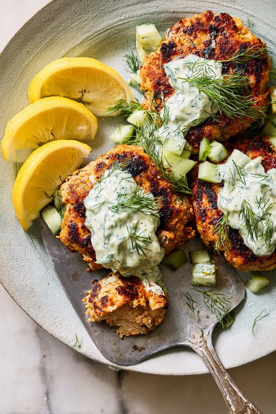 The dish shows five pieces of grilled chicken thighs with a charred, golden-brown crust, arranged on a white plate. Each piece is topped with a creamy cucumber salad made from diced cucumbers, finely chopped red onions, and fresh dill, all mixed with a white yogurt dressing. Around the chicken on the plate, there are sprigs of dill scattered lightly. On the right side of the plate, there are three lemon slices, placed overlapping each other. The background is a white marbled surface. photo taken with an iphone --ar 2:3 --v 7 - Spicy Mediterranean Chicken with Creamy Cucumber Salad, Mediterranean chicken recipes, spicy chicken dinner ideas, easy Mediterranean chicken, refreshing cucumber salads