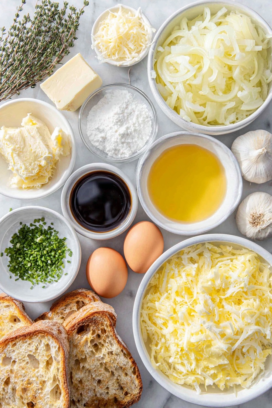 Flat lay of yellow onions sliced thinly, a small white ceramic bowl of unsalted butter, two whole brown eggs with clean shells, a small white ceramic bowl of dry sherry, a small white ceramic bowl of low-sodium chicken stock, two fresh sprigs of thyme, one fresh bay leaf, a small white ceramic bowl of Asian fish sauce, a small white ceramic bowl of cider vinegar, four slices of rustic toasted bread, one medium garlic clove, a small pile of grated Gruyère cheese, and a few sprigs of freshly minced chives, all arranged in perfect symmetry on a simple white ceramic surface, placed on a clean white marble surface, soft natural light, photo taken with an iPhone, professional food photography style, fresh ingredients, white ceramic bowls, no bottles, no duplicates, no utensils, no packaging --ar 2:3 --v 7 --p m7354615311229779997 - French Onion Soup with Gruyère, best French onion soup, caramelized onion soup, cheesy onion soup, classic French onion soup