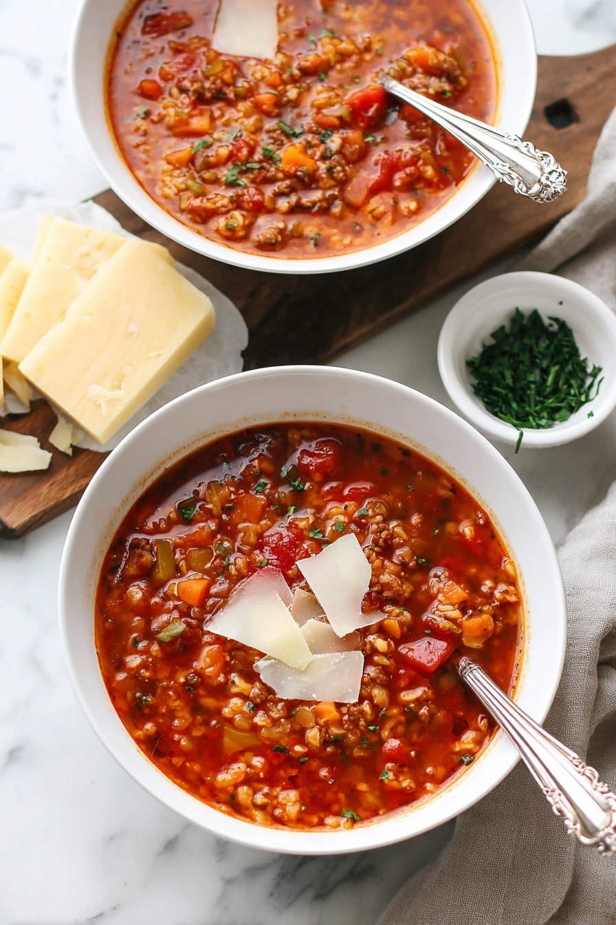 Two white bowls of thick red soup with visible chunks of vegetables like carrots and tomatoes, along with small bits of meat and grains, all mixed in a rich broth. The front bowl has a few thin, pale yellow cheese slices on top, slightly melting into the soup, and some small green herb pieces sprinkled around. Each bowl has a shiny silver spoon resting inside. In the back, a small white bowl holds fresh green chopped herbs. A block of pale yellow cheese with some slices is on a wooden board at the corner. The setting is on a white marbled surface. photo taken with an iphone --ar 2:3 --v 7 - Stuffed Pepper Soup, Stuffed Pepper Soup with Rice, Easy Stuffed Pepper Soup, Hearty Stuffed Pepper Soup Recipe, Comforting Soup Recipes