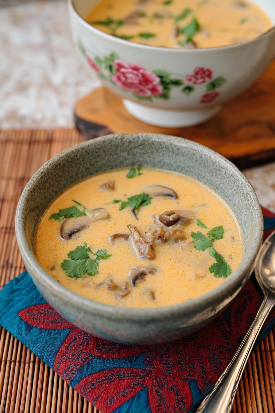 The image shows a bowl of creamy light orange soup with visible pieces of sliced mushrooms, small chunks of light meat, and green herb leaves scattered on top. The soup is in a white speckled ceramic bowl placed on a red and blue patterned cloth. The bowl is set on a wooden, bamboo-like surface, and behind it, there is a larger white bowl with similar soup and a spoon inside. A spoon with a wooden handle is placed next to the bowl. The photo was taken with an iphone --ar 2:3 --v 7 - 30-Minute Tom Kha Gai Thai Coconut Chicken Soup, Thai coconut chicken soup, quick Thai soup, easy Tom Kha Gai recipe, authentic Thai chicken soup