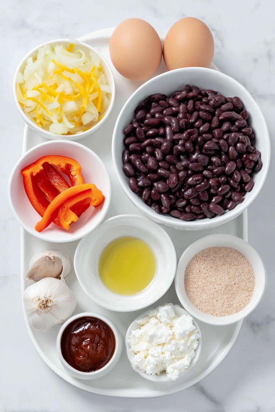 Flat lay of a simple white ceramic bowl filled with shiny black beans, a small white bowl of golden extra virgin olive oil, half a bright red bell pepper finely chopped on a white plate, half a large yellow onion finely chopped on a white plate, three whole garlic cloves unpeeled, a small white bowl containing ground cumin powder, a small white bowl with chili powder, another small white bowl holding garlic powder, a small white bowl with smoked paprika, a white ceramic bowl filled with light brown bread crumbs, a small white plate with crumbled white feta cheese, two whole uncracked brown eggs side by side on a white plate, a small white bowl with deep red ketchup sauce, and small piles of salt and black pepper on the white ceramic surface, arranged in a balanced symmetrical layout, placed on a clean white marble surface, soft natural light, photo taken with an iPhone, professional food photography style, fresh ingredients, white ceramic bowls, no bottles, no duplicates, no utensils, no packaging --ar 2:3 --v 7 --p m7354615311229779997 - Best Black Bean Burgers, vegetarian burger recipes, easy black bean burgers, healthy burger ideas, flavorful veggie burgers