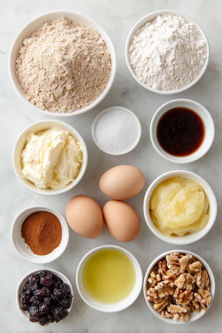 Flat lay of a small mound of light brown wheat bran, a neat pile of whole wheat pastry flour with a warm beige tone, a small white ceramic bowl of fine white baking powder, a tiny white ceramic bowl holding light off-white baking soda powder, a pinch of coarse salt grains on a white ceramic dish, a small heap of ground cinnamon with a reddish-brown hue, a small white ceramic bowl filled with dark amber molasses, a small white ceramic bowl with glossy light brown coconut sugar, a small white ceramic bowl of smooth, pale applesauce, two whole uncracked brown eggs, a small white ceramic bowl with creamy off-white vanilla almond milk, a small white ceramic bowl containing golden melted coconut oil, a small white ceramic bowl of translucent apple cider vinegar, a small pile of dark brown raisins, a small cluster of fresh deep blue blueberries with a light bloom, and a small handful of chopped light brown walnuts, all arranged symmetrically and balanced in proportion on a clean white marble surface, soft natural light, photo taken with an iPhone, professional food photography style, fresh ingredients, white ceramic bowls, no bottles, no duplicates, no utensils, no packaging --ar 2:3 --v 7 --p m7354615311229779997 - Healthy Bran Muffins with Whole Grains, wholesome bran muffins, fiber-rich muffins, moist healthy breakfast muffins, homemade whole grain muffins