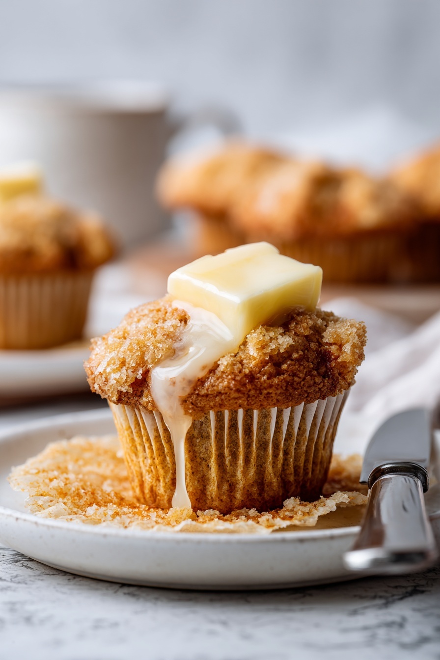 A close-up of a muffin sitting on a white plate with its paper wrapper peeled down, showing its crumbly light brown inside. The muffin is topped with a square of melting butter dripping down its side. The plate is on a white marbled surface with a silver knife resting beside it. In the background, there are more muffins out of focus on the same white marbled texture. photo taken with an iphone --ar 2:3 --v 7 - Healthy Bran Muffins with Whole Grains, wholesome bran muffins, fiber-rich muffins, moist healthy breakfast muffins, homemade whole grain muffins