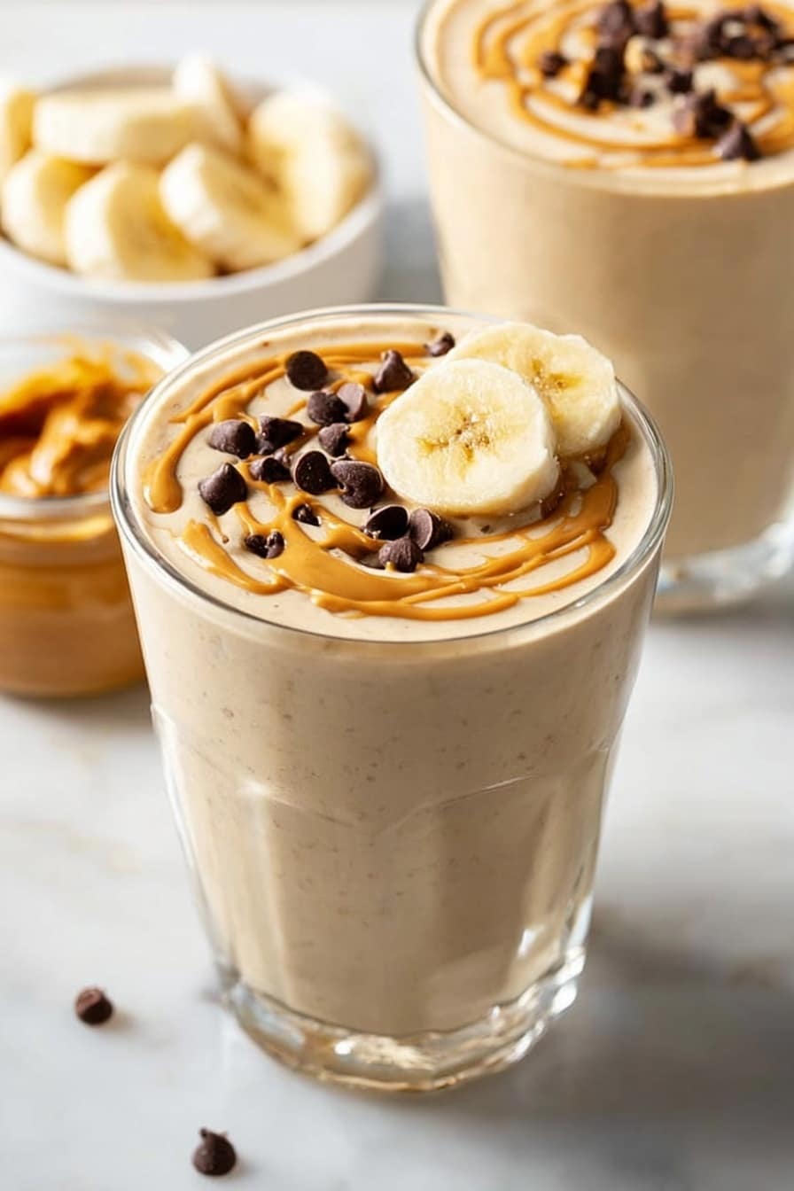 A clear glass filled with a thick, creamy beige smoothie, topped with a swirl of light brown peanut butter drizzled over the surface. On top, there are small dark brown chocolate chips scattered along with two slices of yellow banana placed in the center. The glass is set on a white marbled surface, with blurred second similar smoothie glass and a white bowl filled with banana slices in the background. Nearby, a small clear jar holds more peanut butter. Photo taken with an iphone --ar 2:3 --v 7 - Healthy Peanut Butter Banana Smoothie, healthy banana smoothie, nutritious peanut butter smoothie, quick healthy smoothie, wholesome breakfast drink