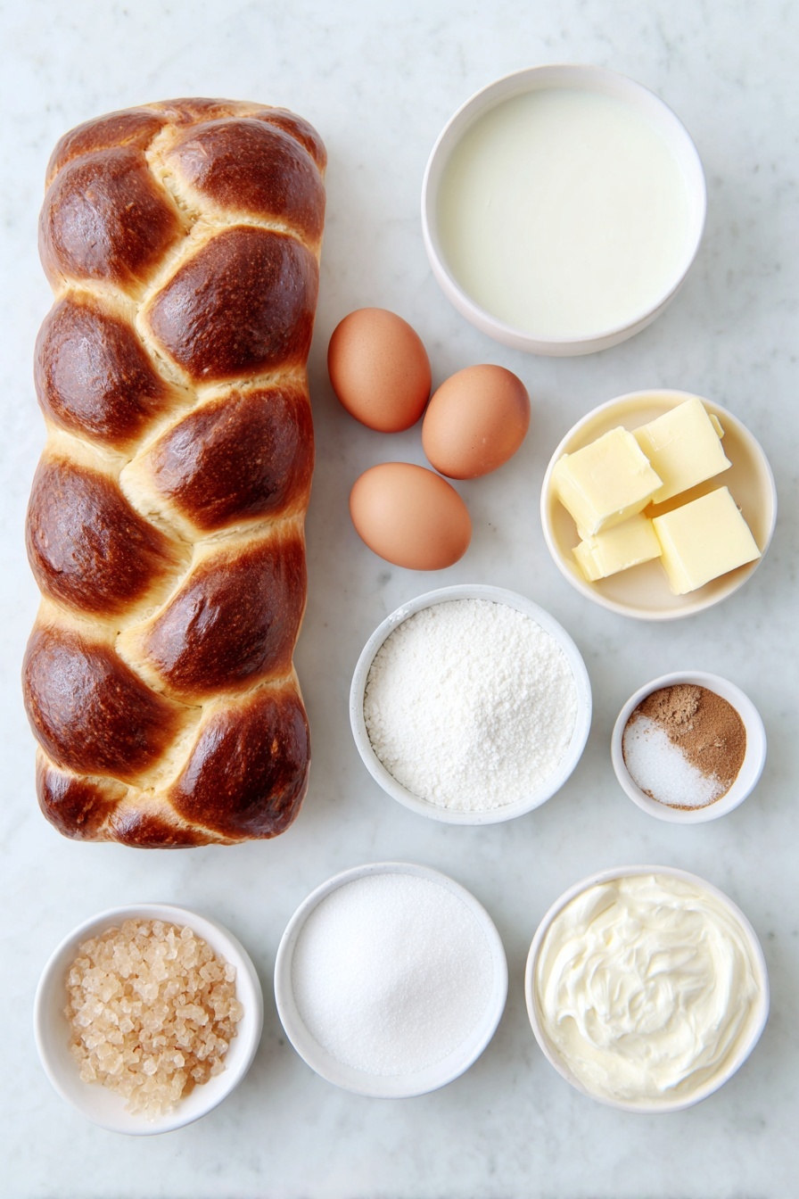 Flat lay of a fresh whole loaf of brioche bread with a golden crust, five clean whole brown eggs, a simple white ceramic bowl filled with creamy whole milk, a small white bowl with light brown sugar crystals, a small white bowl with granulated white sugar, a small white bowl holding a golden yellow butter block, another small white bowl with thick heavy cream, a tiny white bowl containing ground cinnamon powder, a tiny white bowl with fine white salt, and a small white bowl with clear vanilla extract liquid, all arranged symmetrically and proportionally, placed on a clean white marble surface, soft natural light, photo taken with an iPhone, professional food photography style, fresh ingredients, white ceramic bowls, no bottles, no duplicates, no utensils, no packaging --ar 2:3 --v 7 --p m7354615311229779997 - Caramel Bread Pudding with Homemade Sauce, caramel bread pudding, homemade caramel sauce recipe, comforting dessert ideas, easy bread pudding dessert