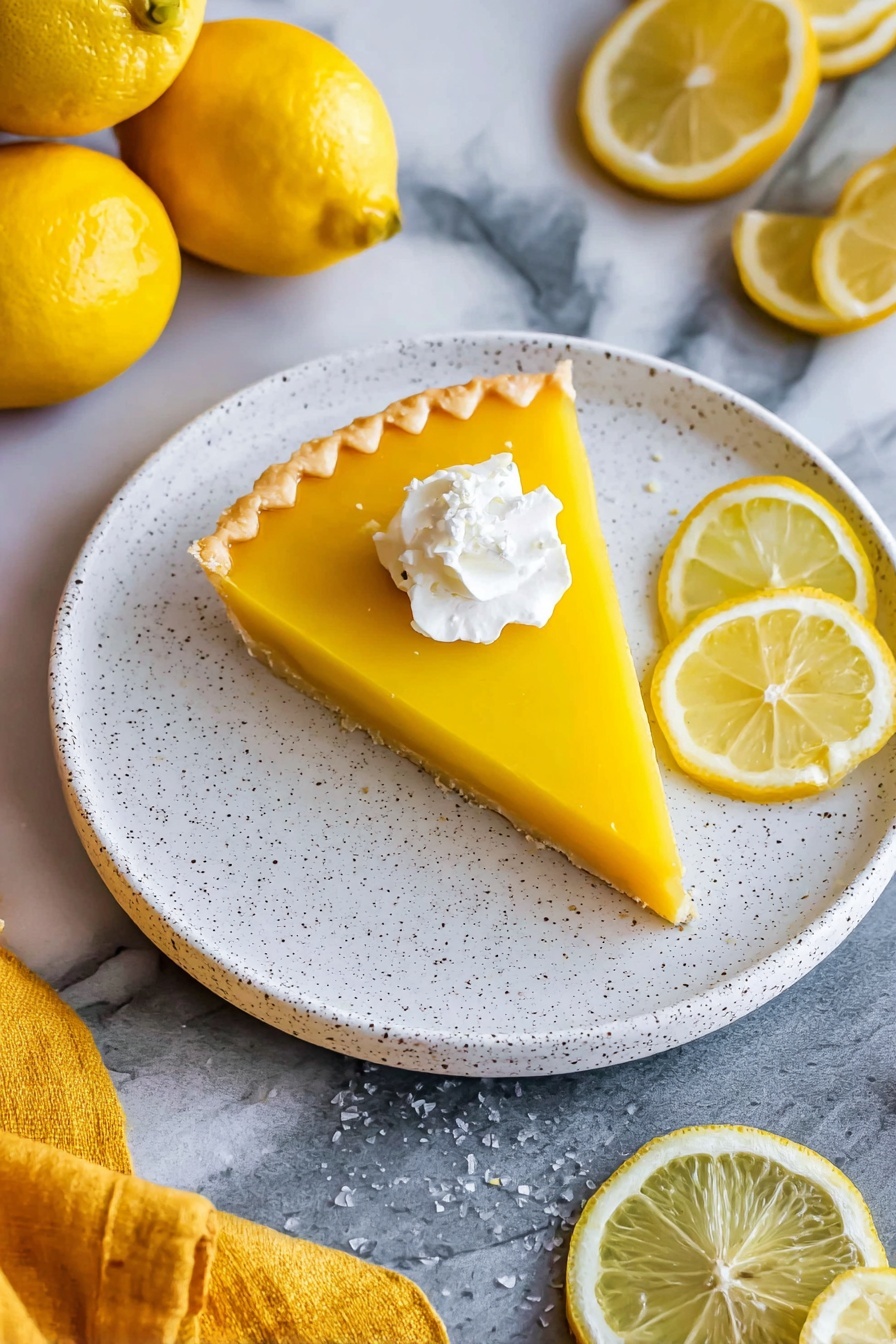 A single slice of bright yellow lemon tart with a smooth, glossy surface sits centered on a white plate with a speckled edge. The tart has a pale golden crust with a scalloped edge, topped with a small dollop of white whipped cream in the middle. Two thin lemon slices lie beside the tart, showing their pale yellow interiors and white pits. The plate is placed on a white marbled surface with a gray tone, and three whole bright yellow lemons and a yellow cloth napkin are scattered around the plate. Photo taken with an iphone --ar 2:3 --v 7 - Meyer Lemon Tart, Meyer Lemon Tart Recipe, Lemon Tart Dessert, Elegant Lemon Tart, Easy Lemon Tart