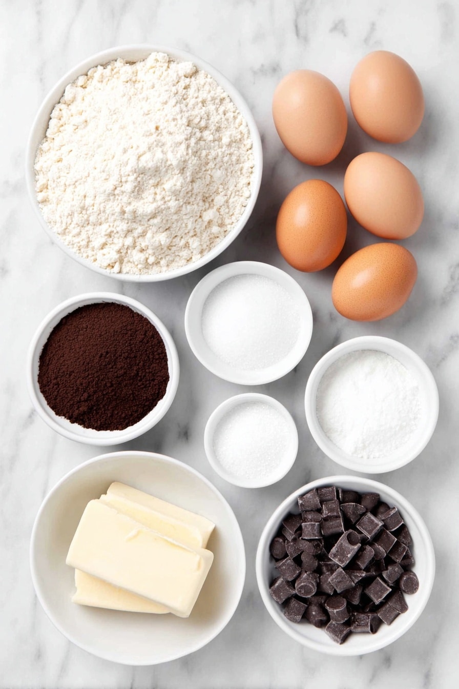 Flat lay of a small mound of finely ground almond flour, a small white ceramic bowl filled with cocoa powder, three whole uncracked brown eggs arranged neatly, a few tablespoons of softened pale yellow butter in a small white bowl, granulated sweetener visually resembling white sugar in a small white bowl, a small white bowl holding smooth baking powder, a tiny white bowl with fine salt, a small white bowl containing glossy semi-sweet chocolate chips, and a small white bowl of clear vanilla extract liquid, all perfectly symmetrical and balanced, placed on a clean white marble surface, soft natural light, photo taken with an iPhone, professional food photography style, fresh ingredients, white ceramic bowls, no bottles, no duplicates, no utensils, no packaging --ar 2:3 --v 7 --p m7354615311229779997 - Fudgy Almond Flour Brownies, healthy chocolate brownies, gluten-free dessert recipes, easy almond flour brownies, indulgent chocolate treats