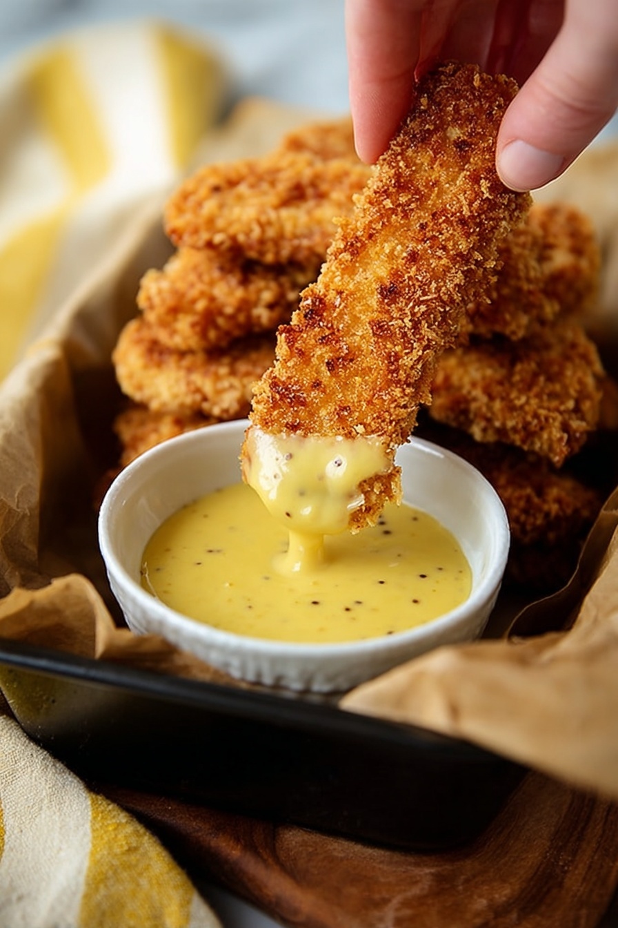A woman's hand is dipping a golden brown, crispy breaded strip into a small white bowl filled with thick, creamy yellow sauce with small visible mustard seeds. The bowl is placed inside a black container lined with brown parchment paper, which holds more of the crunchy breaded strips stacked loosely. The background shows a white marbled texture with a soft blurred effect, and a yellow and white striped cloth is partly visible on the left side. photo taken with an iphone --ar 2:3 --v 7 - Saltine Crusted Chicken Tenders, crispy chicken tenders, easy chicken tenders recipe, crunchy chicken tenders, quick chicken dinner