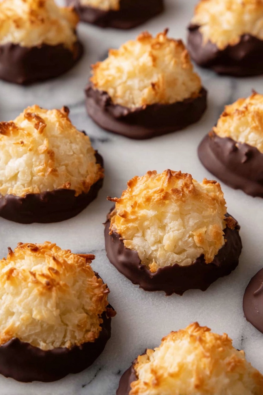 A close-up view of several small, rounded cookies arranged on a white marbled surface. Each cookie has two layers: the bottom layer is a dark, smooth chocolate coating with a glossy finish and irregular edges, while the top layer is a light golden-brown toasted coconut mound with a rough, fibrous texture. The cookies are spaced evenly, showing their distinct layers and textures clearly. photo taken with an iphone --ar 2:3 --v 7 - Delicious Coconut Macaroons with Chocolate, coconut macaroons, chocolate-covered macaroons, easy coconut treats, chewy coconut cookies