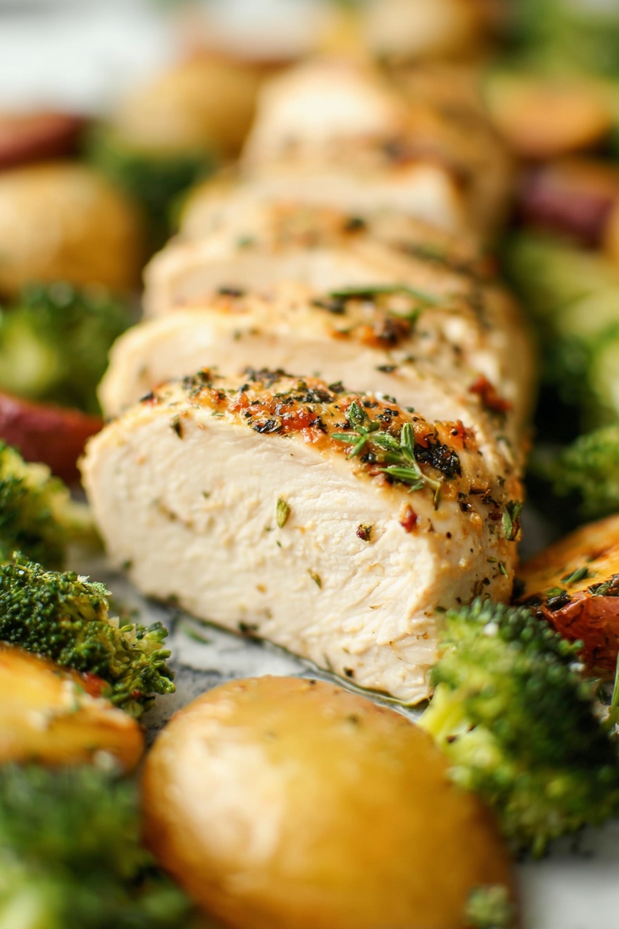 The image shows sliced chicken pieces placed on a bed of cooked broccoli and round, golden-brown potatoes. The chicken layers are light beige with a seasoned crust of herbs and spices on top, adding a speckled green and black texture. The broccoli pieces are bright green with a slightly rough texture, scattered around the chicken slices. The potatoes have a golden-brown crispy skin and soft interior showing. All food rests on a white marbled surface, creating a clean and fresh look. The focus is on the central chicken slice, with the background softly blurred. photo taken with an iphone --ar 2:3 --v 7 - Honey Garlic Chicken with Veggies, Honey Garlic Chicken, Easy One-Pan Chicken Dinner, Quick Weeknight Chicken, Healthy Chicken and Veggies