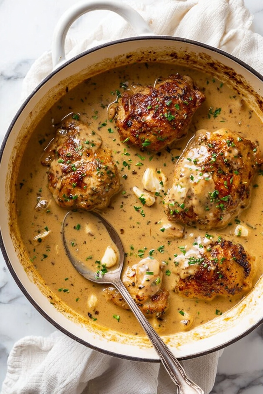 The image shows a white pot filled with four browned chicken pieces covered in thick light brown sauce. The sauce has small bits and whole cloves of garlic, and some green herbs sprinkled on top. A metal spoon is partially dipped in the sauce, positioned near the bottom right piece of chicken. The pot rests on a white marbled surface with a white cloth underneath. photo taken with an iphone --ar 2:3 --v 7 - Creamy Garlic Chicken Skillet, creamy garlic chicken, garlic chicken recipe, one-pan chicken dinner, easy chicken skillet