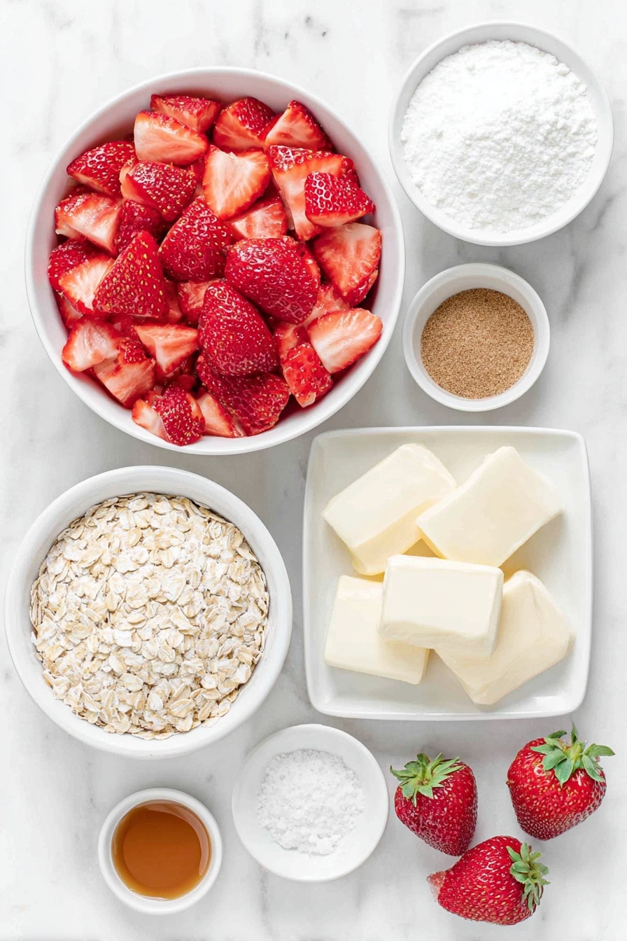 Flat lay of fresh whole strawberries diced in a simple white ceramic bowl, a small white bowl with granulated sugar, half a lemon cut in half showing juicy pulp next to a small white bowl of lemon juice, a small white bowl with corn starch powder, a neat pile of old fashioned rolled oats, a mound of all-purpose flour, a small white bowl containing cinnamon powder, several slices of unsalted butter at room temperature arranged neatly on a white ceramic plate, a small white bowl with pure vanilla extract, and a small white bowl with salt crystals, all placed on a clean white marble surface, soft natural light, photo taken with an iPhone, professional food photography style, fresh ingredients, white ceramic bowls, no bottles, no duplicates, no utensils, no packaging --ar 2:3 --v 7 --p m7354615311229779997 - Strawberry Oatmeal Bars, strawberry dessert bars, healthy oatmeal bars, easy fruit bars, summer berry bars