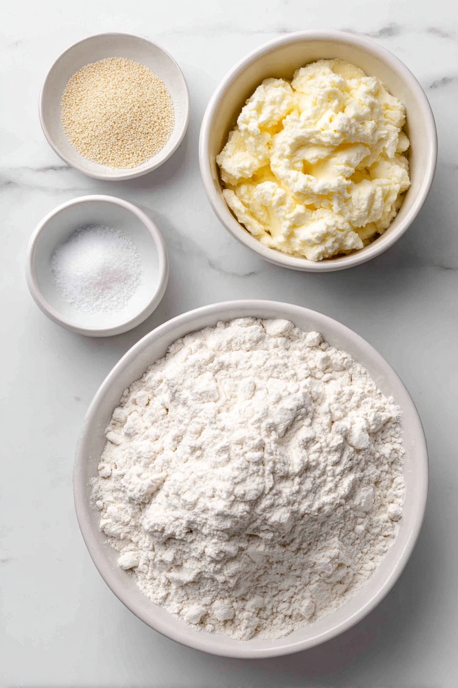 Flat lay of three cups of fresh white bread flour in a simple white ceramic bowl, two teaspoons of fine kosher salt in a small white ceramic bowl, two teaspoons of pale golden instant yeast granules in a small white ceramic bowl, a small white ceramic bowl holding very warm clear tap water, and a small mound of flour dusted beside the bowls, all arranged in perfect symmetry on a clean white marble surface, soft natural light, photo taken with an iPhone, professional food photography style, fresh ingredients, white ceramic bowls, no bottles, no duplicates, no utensils, no packaging --ar 2:3 --v 7 --p m7354615311229779997 - Easy No-Knead Artisan Yeast Bread, artisan bread recipe, no-knead bread, crusty bread at home, simple bread baking