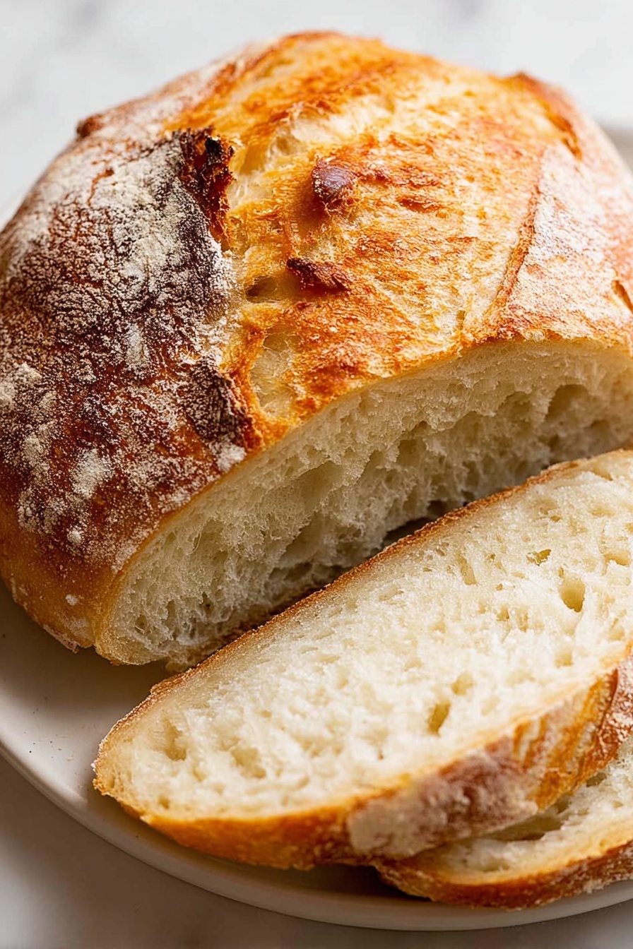 A round loaf of bread with a golden-brown crust dusted lightly with flour sits on a white plate. The bread is partially sliced, showing two thick slices in front with a soft, slightly airy texture and pale creamy interior. The crust has a rough, crisp texture with darker toasted patches and a few cracks revealing the soft bread inside. The background is a white marbled texture. photo taken with an iphone --ar 2:3 --v 7 - Easy No-Knead Artisan Yeast Bread, artisan bread recipe, no-knead bread, crusty bread at home, simple bread baking