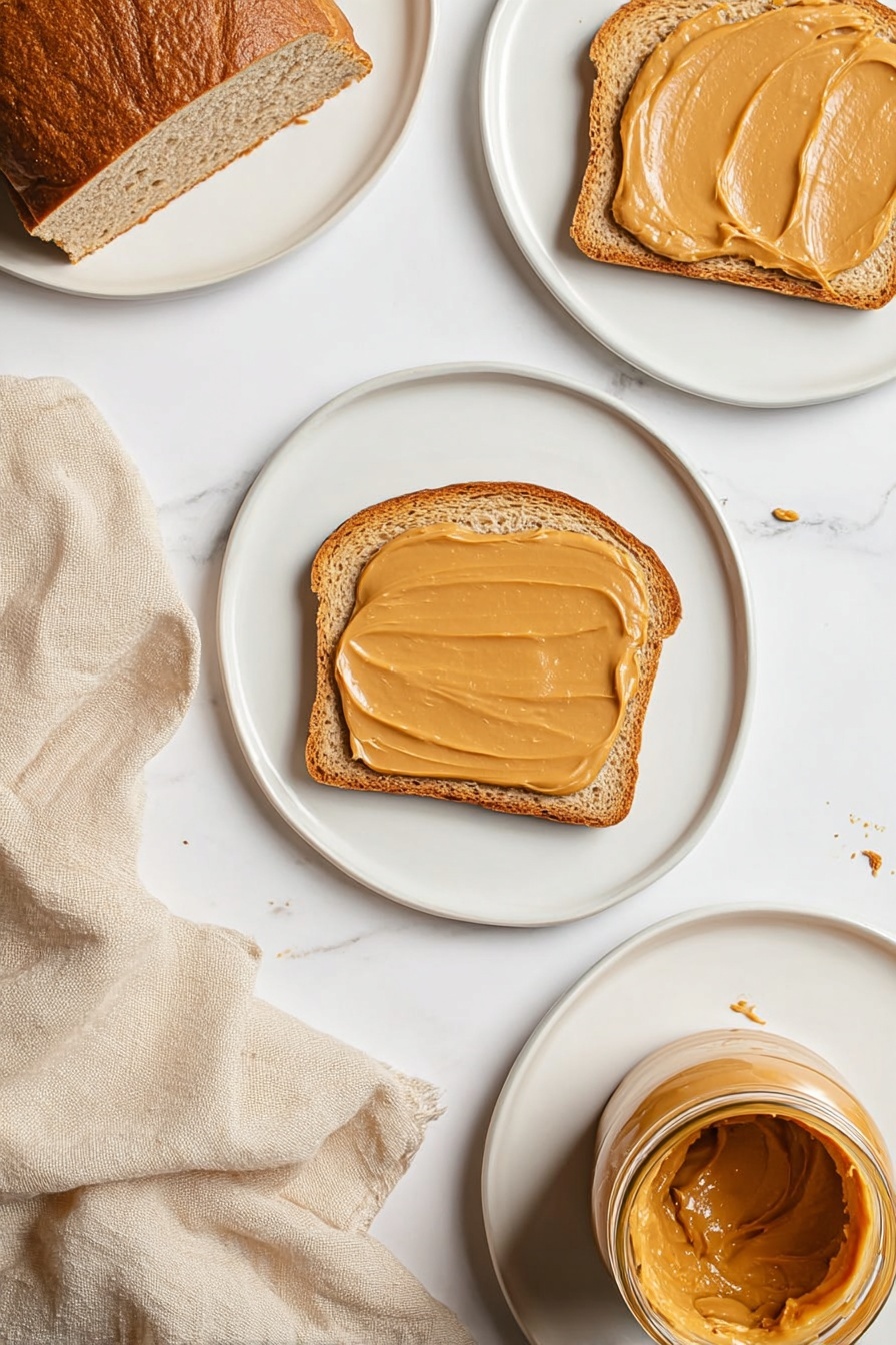 The image shows three slices of brown bread on three white plates, each slice spread evenly with smooth, light brown peanut butter. In the center lower part, there is an open glass jar filled with peanut butter that has a creamy texture. A beige cloth is placed casually on a white marbled surface to the left side, and a partially visible loaf of brown bread is in the top left corner. The overall look is clean and simple with soft colors focusing on the peanut butter and bread. photo taken with an iphone --ar 2:3 --v 7 - Homemade Whole Wheat Bread, wholesome bread recipe, easy whole wheat bread, healthy homemade bread, soft fluffy bread recipe