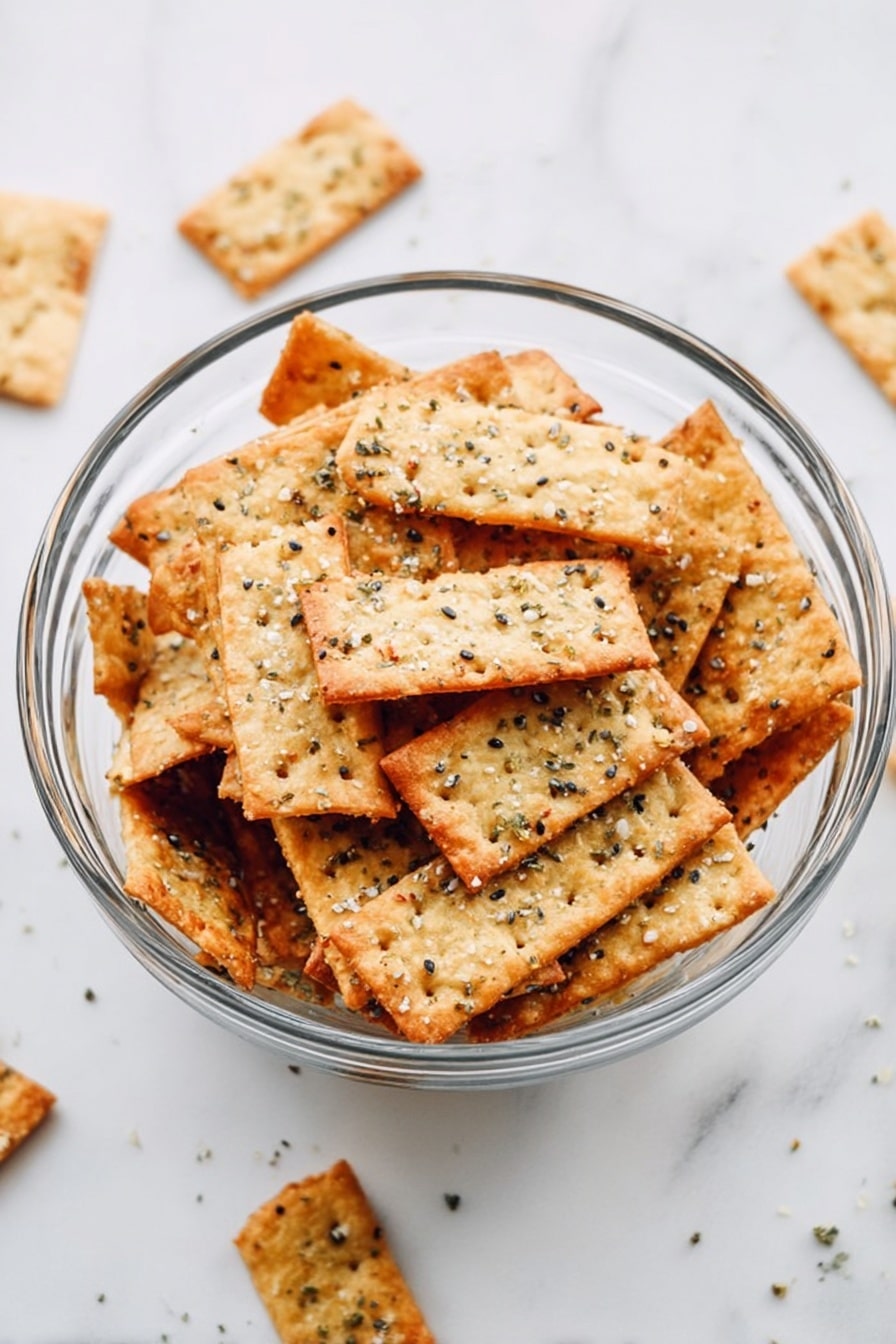 A clear glass bowl filled with many rectangular crackers stacked unevenly. The crackers are golden brown with a crispy texture, sprinkled with black, white, and orange seasoning seeds. The bowl sits on a white marbled surface with scattered seasoning around it. The lighting is soft and bright, highlighting the crunchy details of the crackers. photo taken with an iphone --ar 2:3 --v 7 - Homemade Everything Bagel Crackers, homemade cracker recipes, savory snack ideas, easy homemade crackers, bagel seasoning snacks