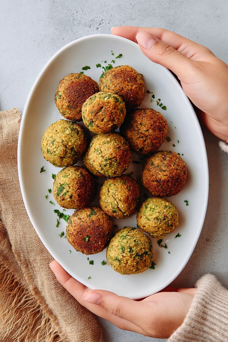 There is a white oval plate holding fifteen falafel balls arranged in a loose pyramid shape. The falafel balls are golden brown with green flecks, showing a crispy, textured surface. Small green herb pieces are sprinkled over and around the falafel on the plate. Two woman's hands gently hold the edges of the plate. The plate sits on a light gray surface with a soft brown burlap cloth on the left side. photo taken with an iphone --ar 2:3 --v 7 - Air Fryer Falafel, healthy falafel recipe, crispy homemade falafel, quick falafel in air fryer, vegan falafel recipe
