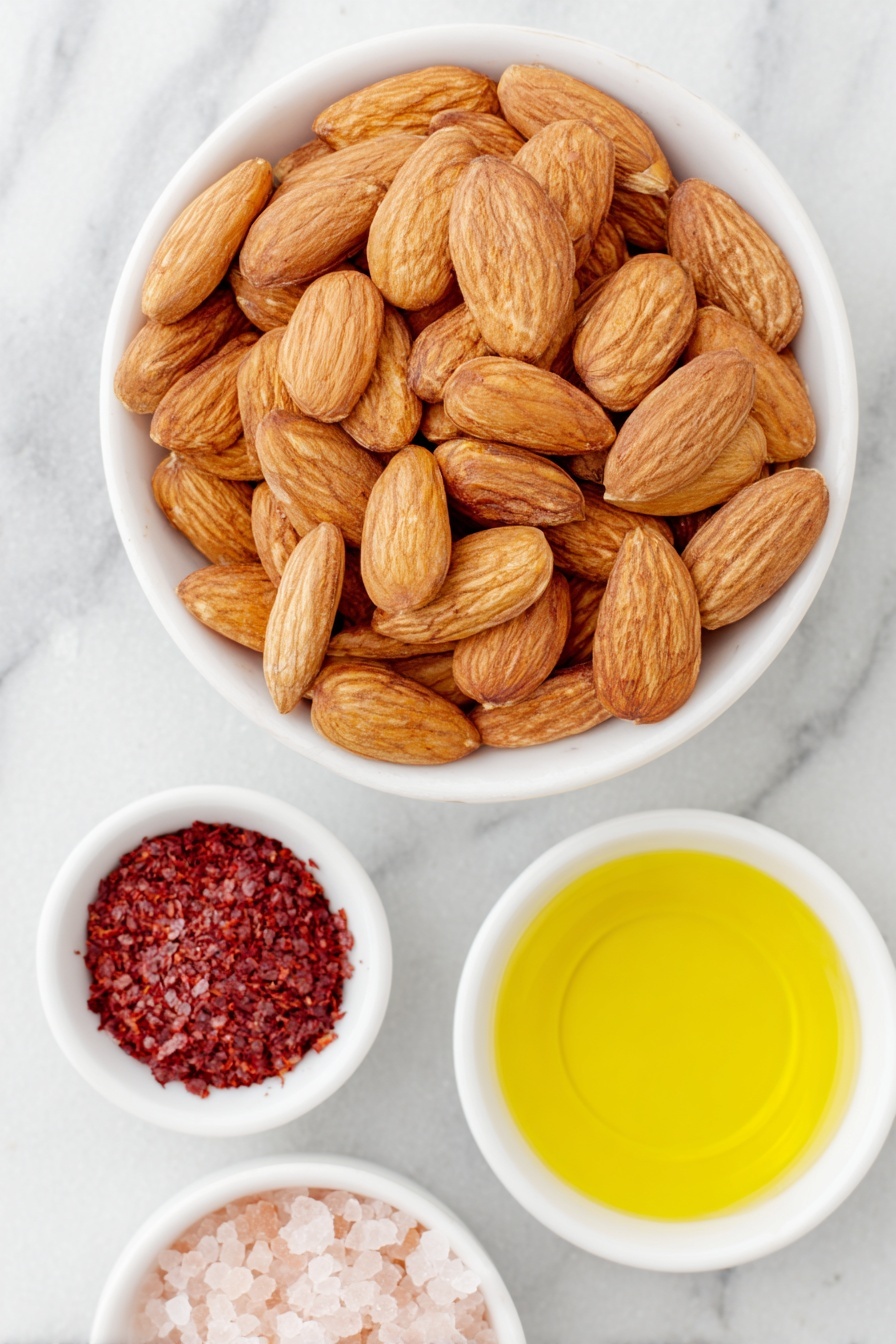 Flat lay of raw whole almonds scattered next to a small white ceramic bowl of sea salt flakes, a small white ceramic bowl filled with bright red cayenne pepper powder, and a small white ceramic bowl holding golden extra virgin olive oil, all arranged symmetrically on a clean white marble surface, soft natural light, photo taken with an iPhone, professional food photography style, fresh ingredients, white ceramic bowls, no bottles, no duplicates, no utensils, no packaging --ar 2:3 --v 7 --p m7354615311229779997 - Spicy Roasted Almonds, Spicy Roasted Almonds recipe, Crunchy spicy nuts, Easy snack recipes, Homemade seasoned almonds