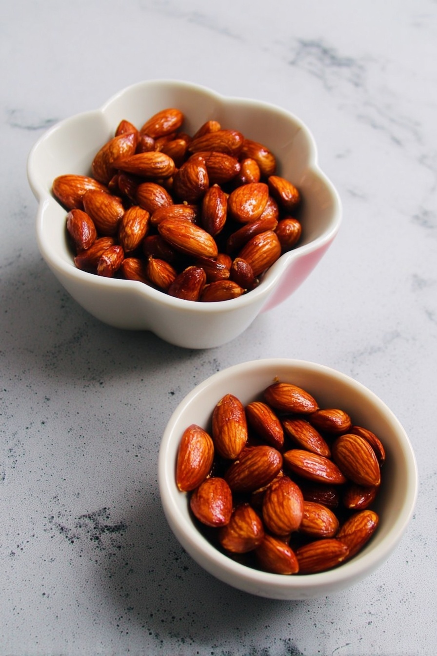 Two white bowls filled with roasted almonds sit on a white marbled surface. One bowl is flower-shaped, slightly larger, and holds a bigger amount of almonds with a shiny, brown roasted texture. The smaller round bowl is placed in front and to the right, also filled with glossy roasted almonds that have a rich brown color and smooth surface. Light reflects softly on the almonds, highlighting their roasted finish. Photo taken with an iphone --ar 2:3 --v 7 - Spicy Roasted Almonds, Spicy Roasted Almonds recipe, Crunchy spicy nuts, Easy snack recipes, Homemade seasoned almonds