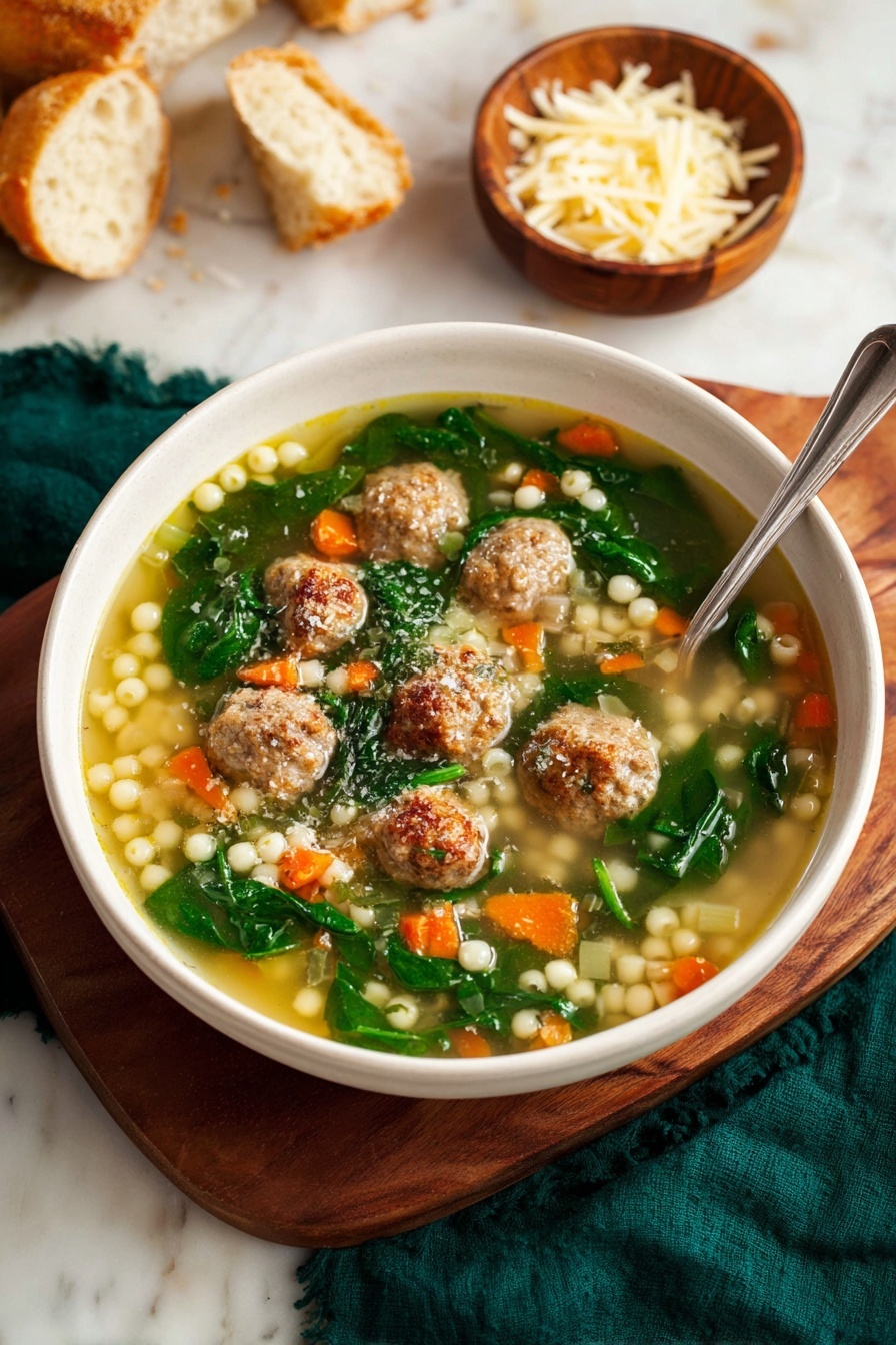 A white bowl filled with clear broth soup with three main layers visible: the base layer is a light yellow broth, the middle layer has small beige round pasta pearls and chopped orange carrot pieces, and the top layer has cooked green spinach leaves and small browned meatballs spread evenly throughout; a silver spoon rests inside the bowl on the right side, and the bowl sits on a wooden board over a dark green cloth; near the bowl, there are two pieces of torn bread and a small wooden bowl filled with shredded cheese; the background is a white marbled surface photo taken with an iphone --ar 2:3 --v 7 - Italian Wedding Soup with Mini Meatballs, authentic Italian wedding soup, homemade Italian wedding soup, hearty meatball soup, traditional Italian wedding soup
