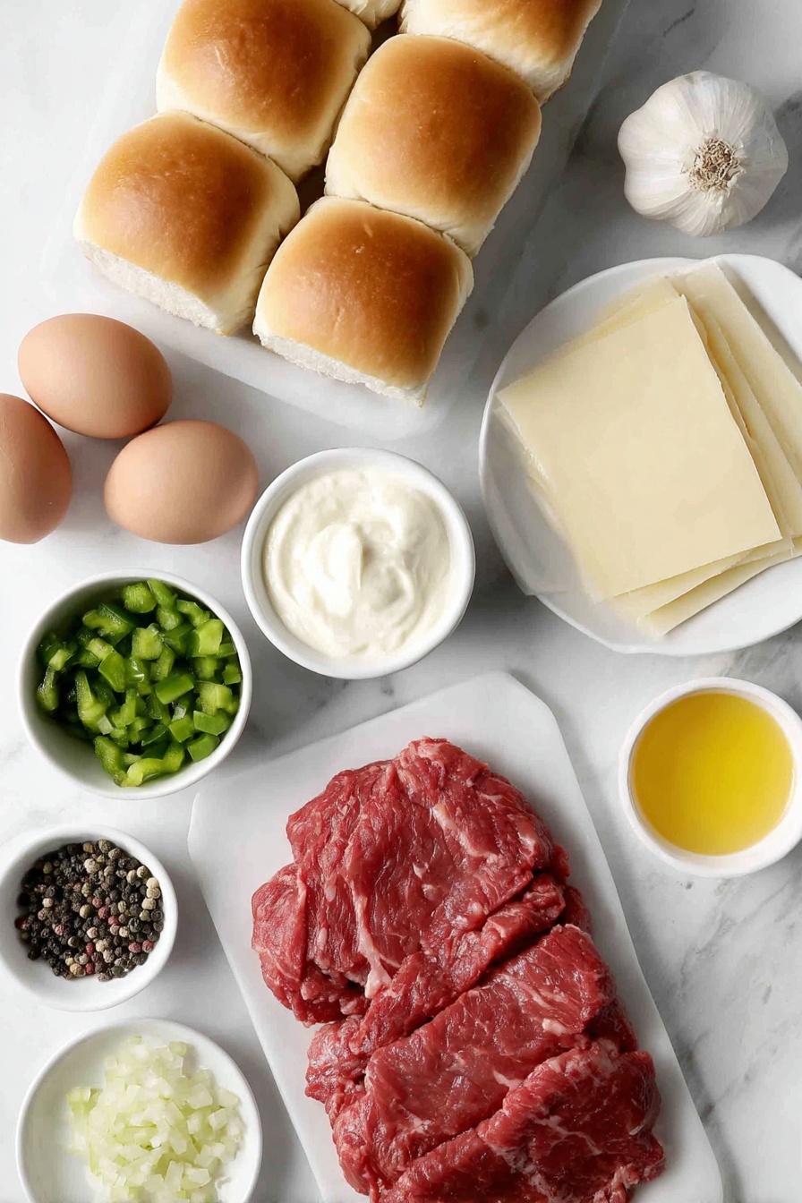 Flat lay of thinly sliced raw ribeye beef, a small pile of diced yellow onion, a small pile of diced green bell pepper, a small pile of diced red bell pepper, two whole uncracked brown eggs, a few fresh parsley sprigs, a cluster of three whole garlic cloves, mild thinly sliced provolone cheese stacked neatly, a small white ceramic bowl of mayonnaise, a small white ceramic bowl of golden melted butter, a small white ceramic bowl with coarse kosher salt, a small white ceramic bowl containing black peppercorns, several soft golden Hawaiian slider rolls arranged symmetrically on a simple white ceramic plate, placed on a clean white marble surface, soft natural light, photo taken with an iPhone, professional food photography style, fresh ingredients, white ceramic bowls, no bottles, no duplicates, no utensils, no packaging --ar 2:3 --v 7 --p m7354615311229779997 - Easy Philly Cheesesteak Sliders, Philly Cheesesteak Sliders, Cheesesteak Sliders recipe, Hawaiian rolls cheesesteak, savory meat sliders