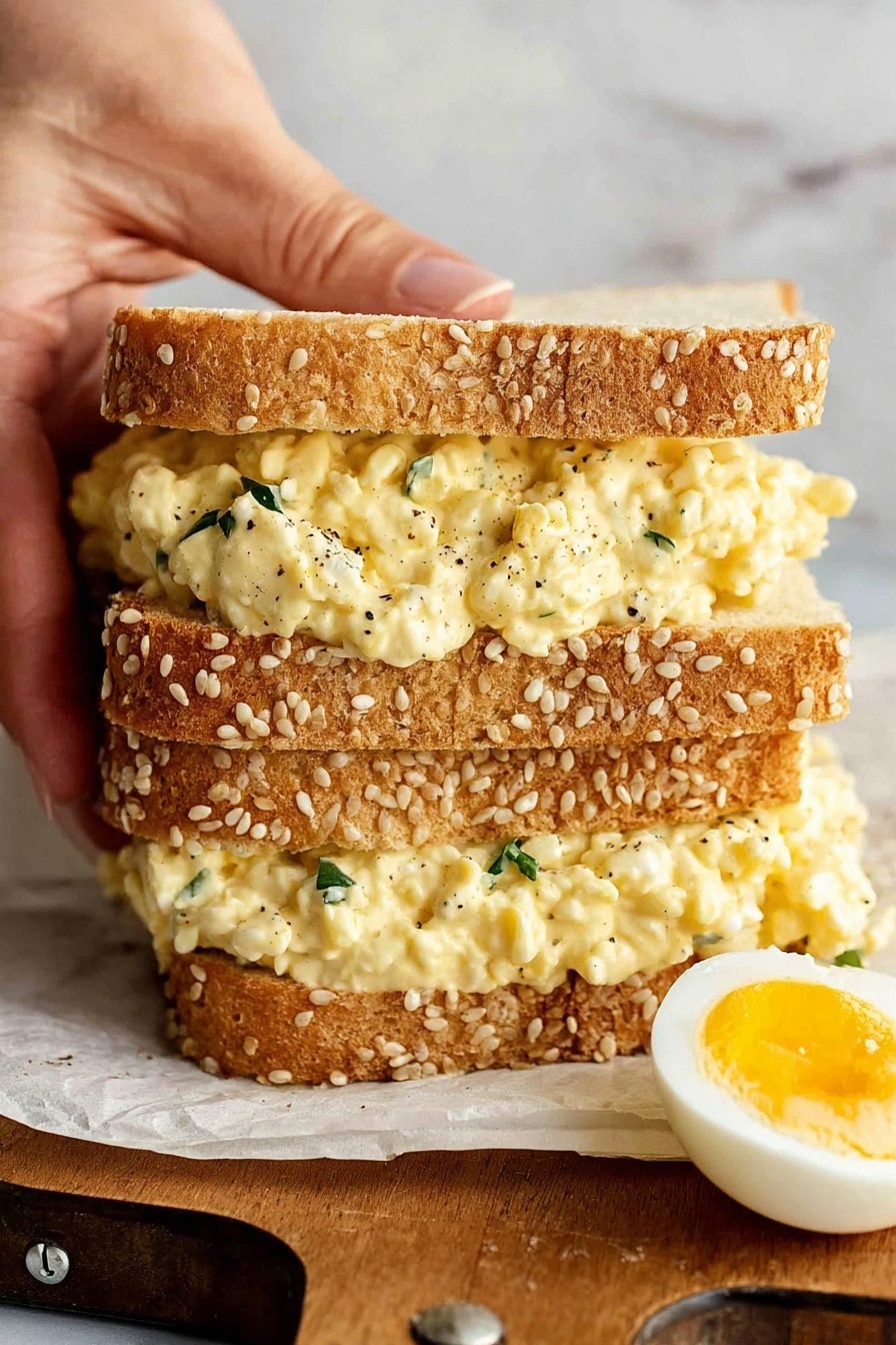 A close-up view of a thick sandwich held by a woman's hand, showing three slices of sesame seed white bread stacked with two thick layers of creamy, pale yellow egg salad mixed with small green herbs and black pepper. The egg salad looks soft and slightly chunky, spilling a bit from between the bread slices. The sandwich rests on white parchment paper placed on a wooden board with two silver rivets visible. A halved boiled egg with a bright yellow yolk and white is placed near the sandwich on the right. The background is a white marbled texture. photo taken with an iphone --ar 2:3 --v 7 - Creamy Soft Boiled Egg Sandwich, egg sandwich recipe, soft boiled egg breakfast, luxurious egg sandwich, easy egg sandwich idea