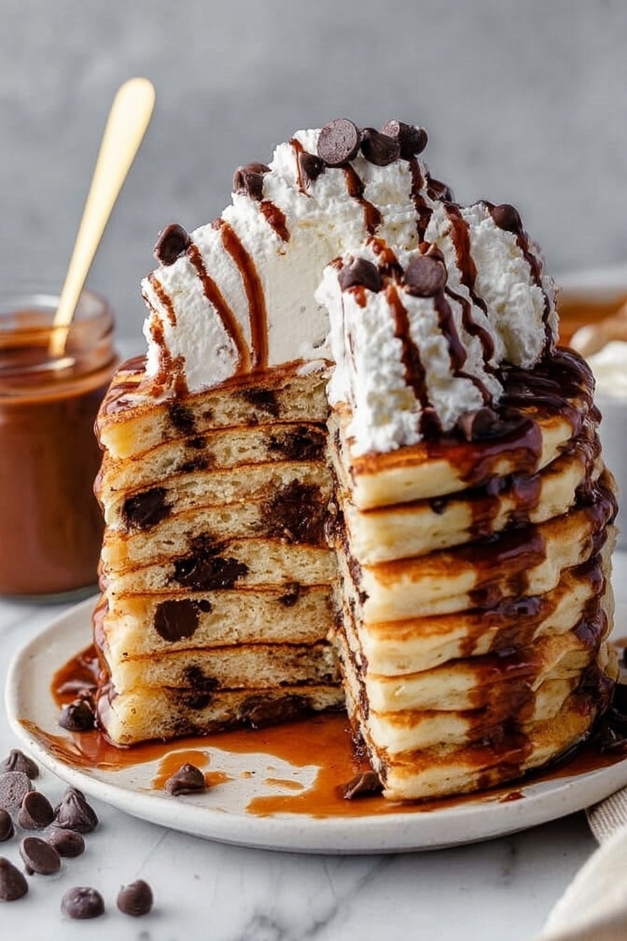 A tall stack of nine golden brown pancakes filled with small chocolate chips is shown on a white plate placed on a white marbled surface. One slice is cut and lifted, revealing the inside layers with visible chocolate chips in each pancake, showing even thickness and a soft texture. Dark chocolate syrup is drizzled over the top and sides, with a few drops on the plate. On top of the stack, there are two large swirls of white whipped cream with thin chocolate syrup lines, and some extra chocolate chips are scattered near the plate's edge. In the background, a jar filled with chocolate sauce and a woman's hand holding a spoon are visible. photo taken with an iphone --ar 2:3 --v 7 - Fluffy Chocolate Chip Pancakes, chocolate chip pancake recipe, easiest pancake recipe, fluffy breakfast ideas, quick breakfast pancakes