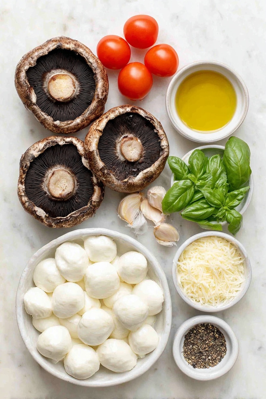 Flat lay of fresh Portobello mushroom caps with dark brown gills visible, a small cluster of shiny red grape tomatoes, a handful of bright green fresh basil leaves sliced thinly, several smooth white mini mozzarella balls halved, six uncracked brown garlic cloves, a small white ceramic bowl filled with golden olive oil, another small white bowl containing finely grated pale yellow Parmesan cheese, a white bowl with coarse kosher salt crystals, and a white bowl with freshly ground black pepper, all arranged in perfect symmetry on a clean white marble surface, soft natural light, photo taken with an iPhone, professional food photography style, fresh ingredients, white ceramic bowls, no bottles, no duplicates, no utensils, no packaging --ar 2:3 --v 7 --p m7354615311229779997 - Caprese Stuffed Portobello Mushrooms, stuffed mushroom recipes, vegetarian appetizer ideas, healthy mushroom recipes, easy veggie appetizers