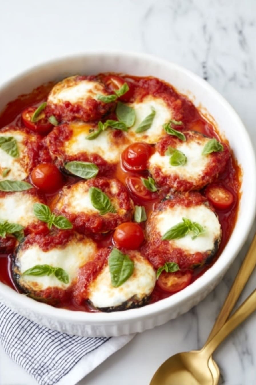 A white round baking dish holds a layered dish with several round pieces covered in bright red tomato sauce and melted white cheese. Fresh green basil leaves are scattered on top, adding a pop of color. The tomato sauce is smooth and shiny, while the cheese looks soft and slightly browned. The dish rests on a white marbled surface, next to a gold fork and spoon. photo taken with an iphone --ar 2:3 --v 7 - Caprese Stuffed Portobello Mushrooms, stuffed mushroom recipes, vegetarian appetizer ideas, healthy mushroom recipes, easy veggie appetizers