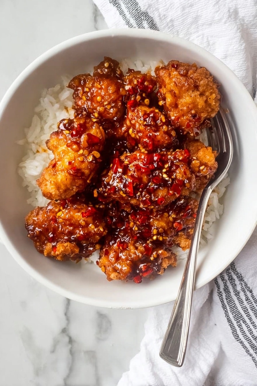 A white bowl filled with a base layer of plain white rice topped with several pieces of crispy fried chicken coated in a shiny, thick reddish-brown sauce with visible small bits of garlic and chili flakes. A silver fork is placed inside the bowl resting on the edge. The bowl is placed on a white marbled surface next to a white and gray striped cloth. Photo taken with an iphone --ar 2:3 --v 7 - Crispy General Tso's Chicken, General Tso's Chicken recipe, homemade crispy chicken, spicy sweet chicken, Chinese chicken stir-fry